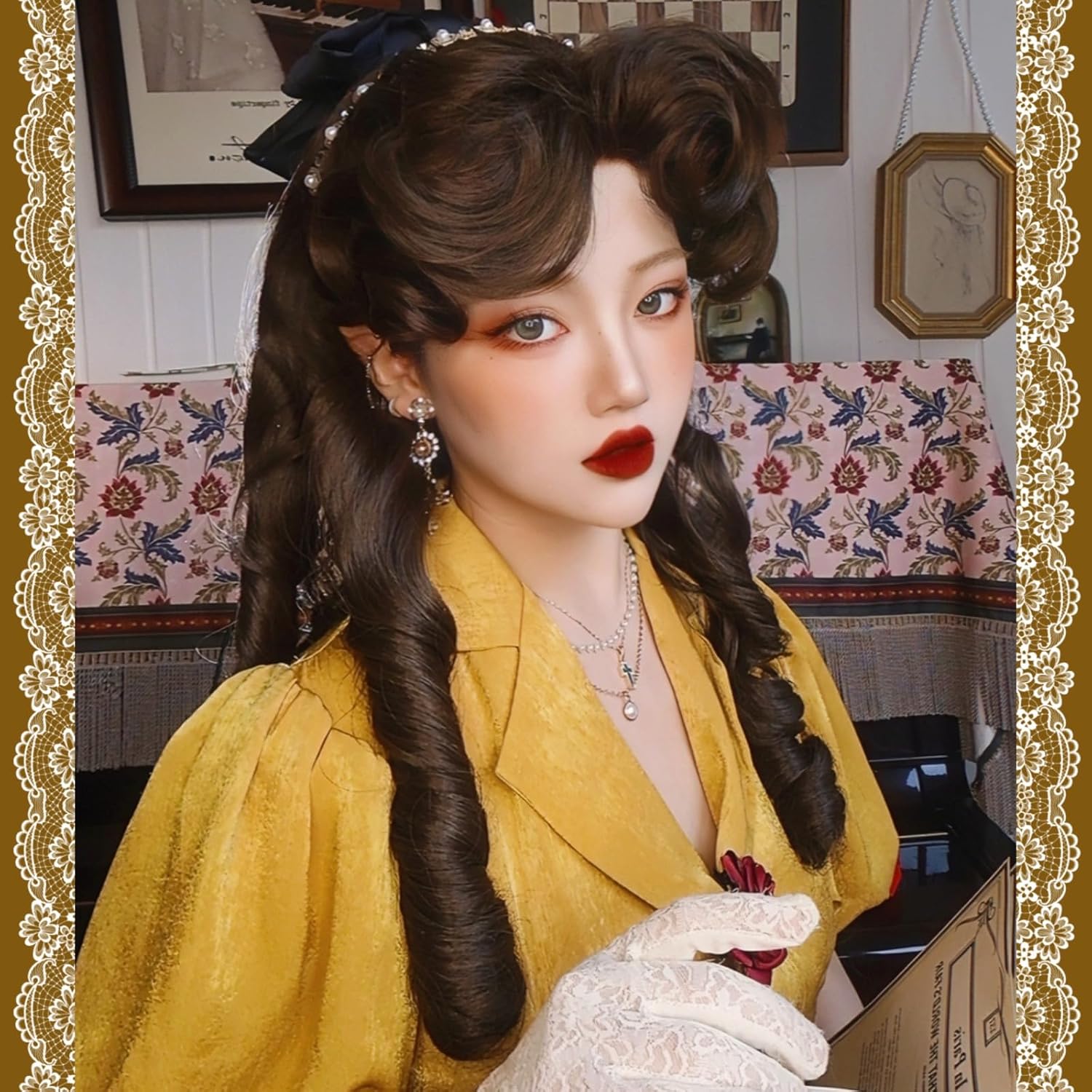 SCORRO Long & Luxurious Spiral Curls Wigs-Blonde, Dark Brown,Pink Elegant Retro Wig Lolita Court Curly Wig with Styling Bangs Roman Curl Wig for Cosplay & Party for Women (Brown)