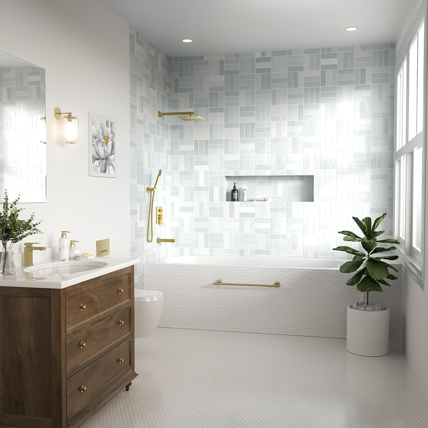 Lava Odoro Modern 3-Setting Square Shower and Tub Faucet Set with Shower Head and Handheld Sprayer Gold, Rainfall Shower System with Tub Spout, Shower Valve Trim Kit, Brushed Gold, SF103-SG-T