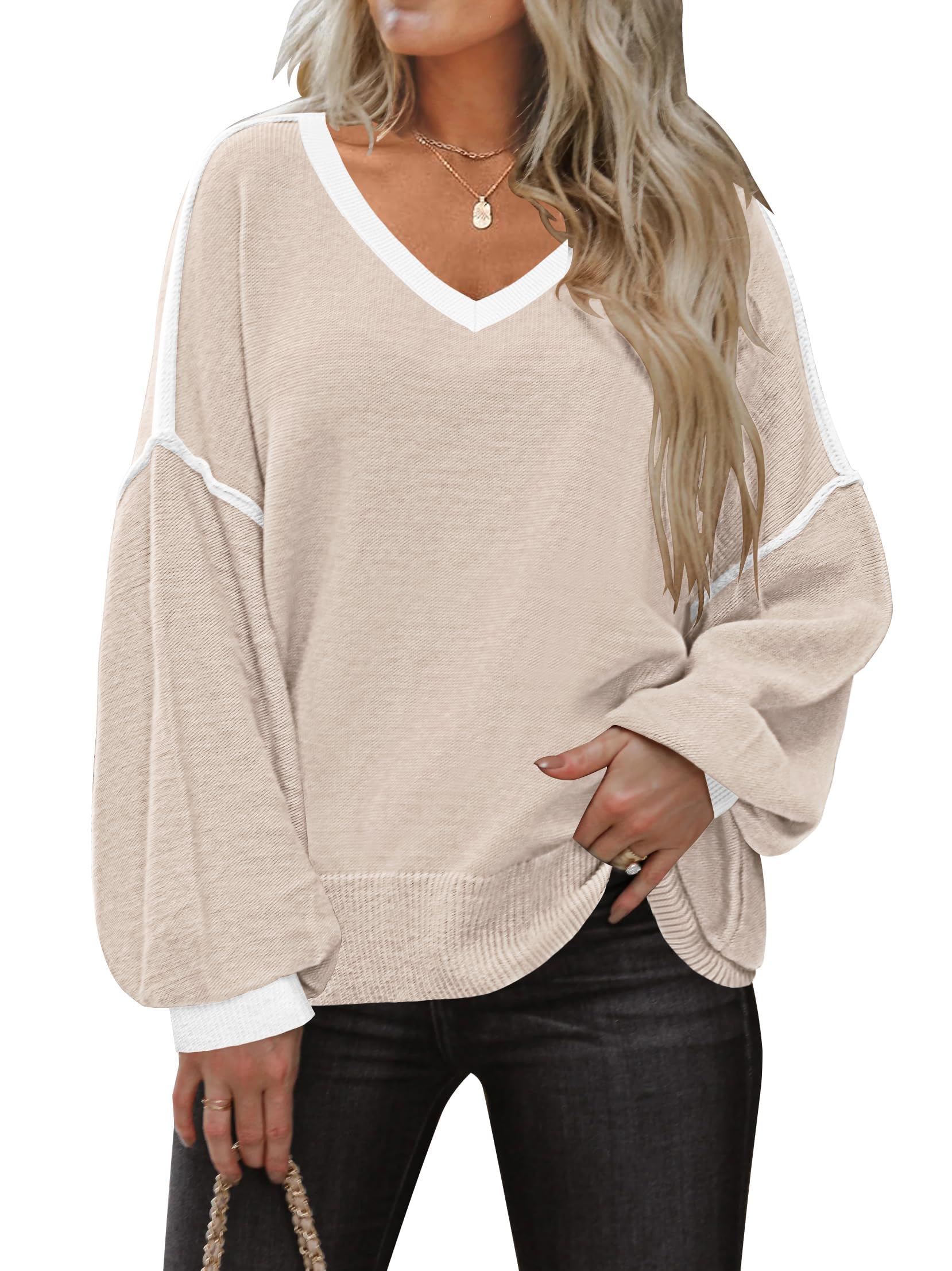ETCYY Womens Sweaters Fall Fashion 2025 Fall Clothes Teacher Outfits Long Sleeve V Neck Knit Pullover Oversized Sweater