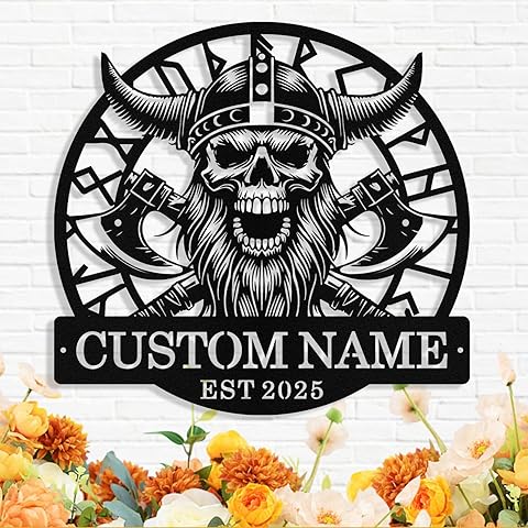 Custom Viking Skull Metal Sign, Personalized Viking Skull Axes Wall Art Decor, Scan...