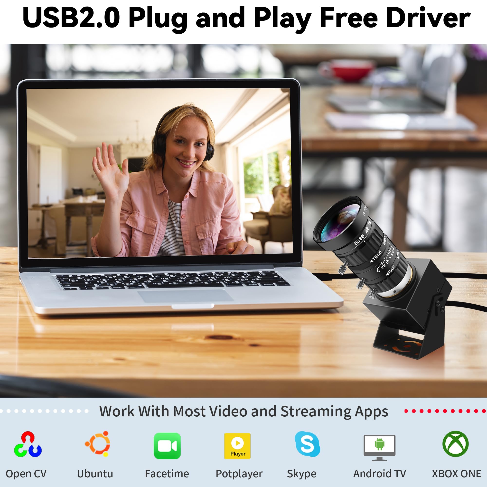 ELP Cámara web USB de 48 MP 8K Ultra HD a color con objetivo óptico manual de 10 aumentos, 6000P, cámara de vídeo industrial de seguridad, primer plano, ampliación y reducción, Plug Play para Windows