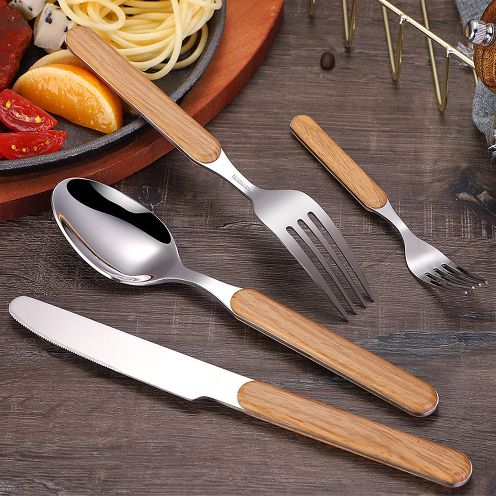 set di posate, Posate Da Cucina 1 A 4 Pezzi Con Eleganti Manici In Legno, Include Coltello, Forchetta E Cucchiaio