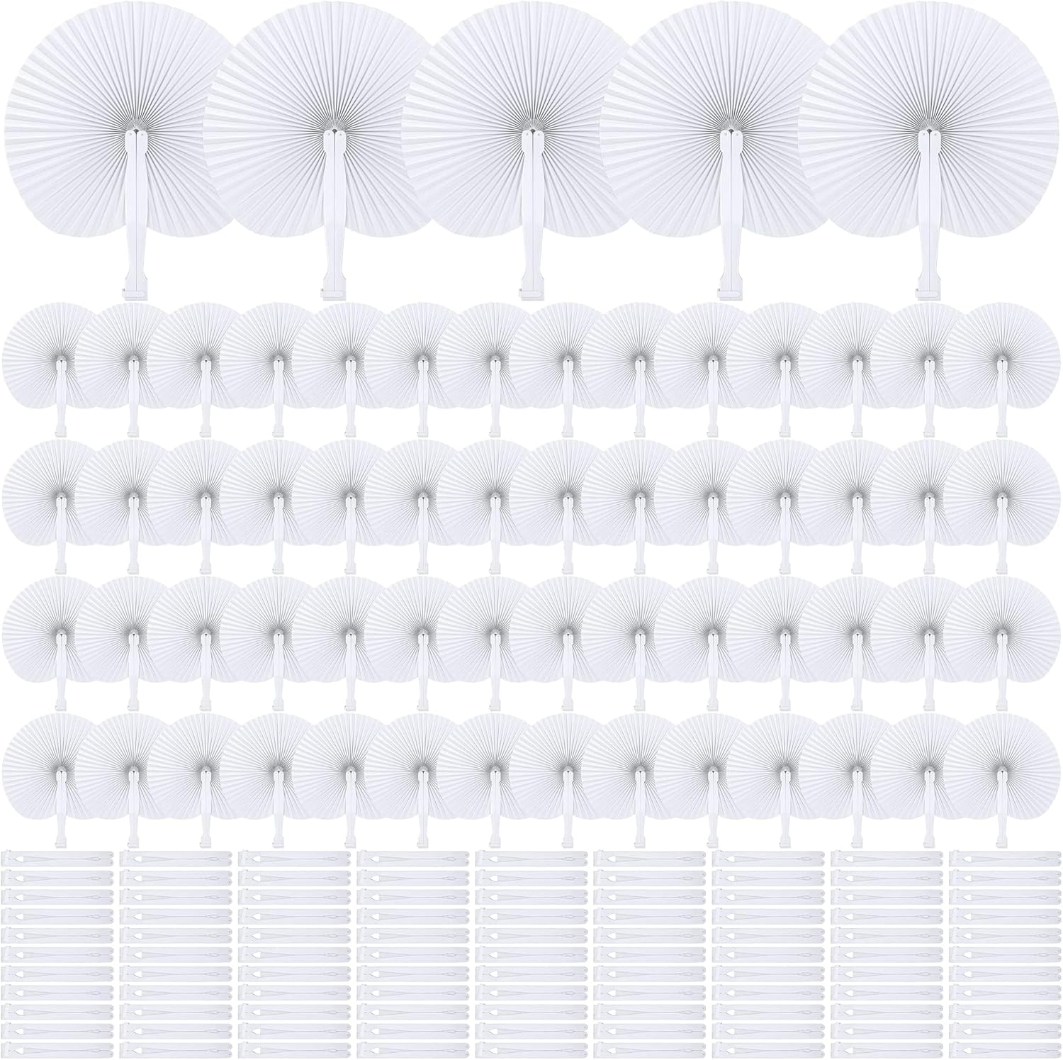 MCEAST 160 Pack Folding Wedding Paper Fans White Handheld Folding Fan Round Shaped Wedding Fans with Plastic Handle for Wedding Birthday Party Favors Supplies Home Decoration (Round)