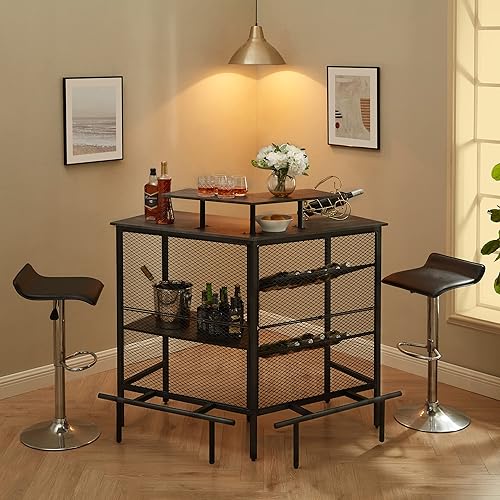 Miniatura 3 de VECELO Unidad de bar, gabinete de licor de 3 niveles con malla frontal de metal, mesa de soporte de esquina de 41.3 pulgadas con reposapiés y