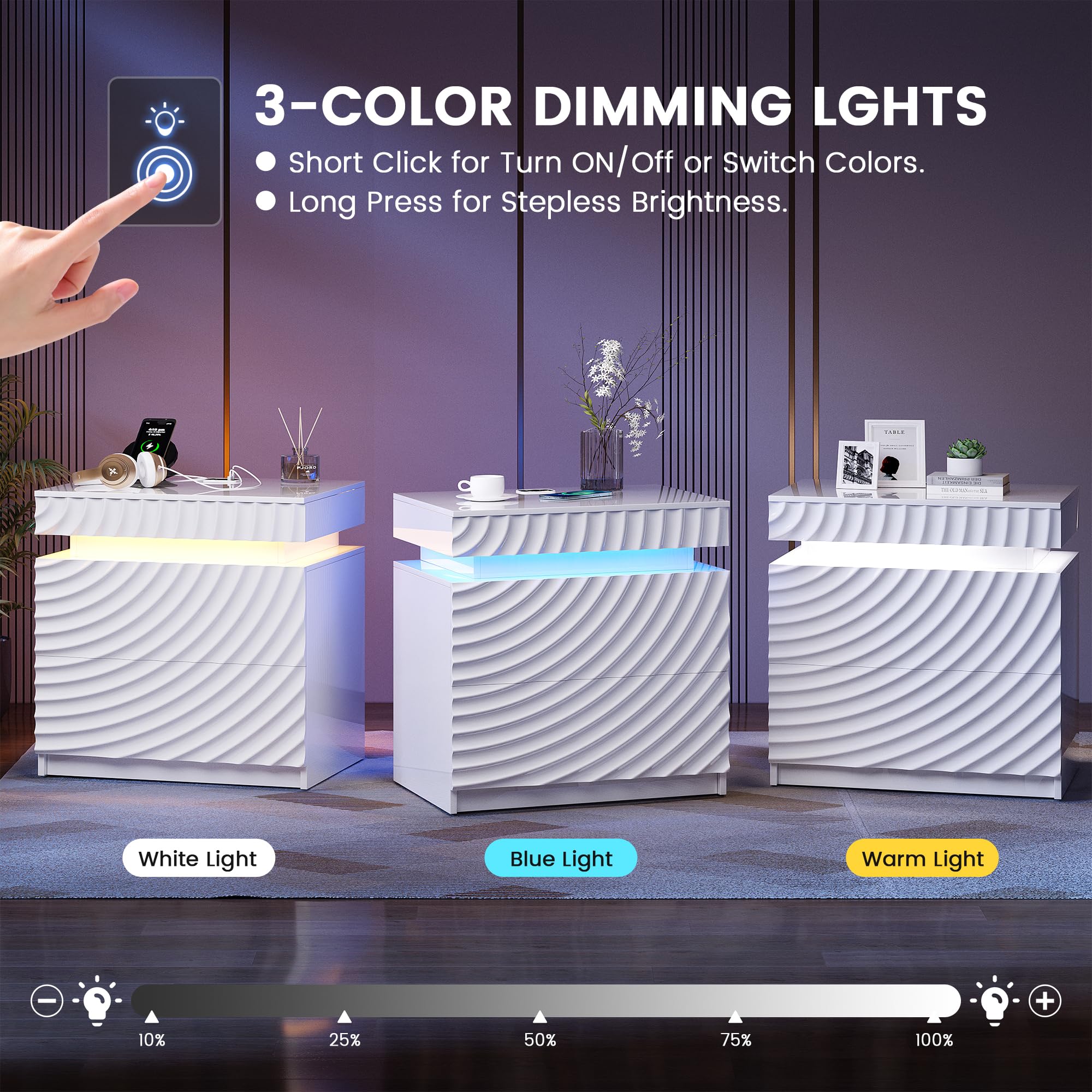 FREDEES Comodino con funzione di ricarica e illuminazione a LED | 3 cassetti, sensore di movimento, USB e tipo C, spazio nascosto per camera da letto, bianco