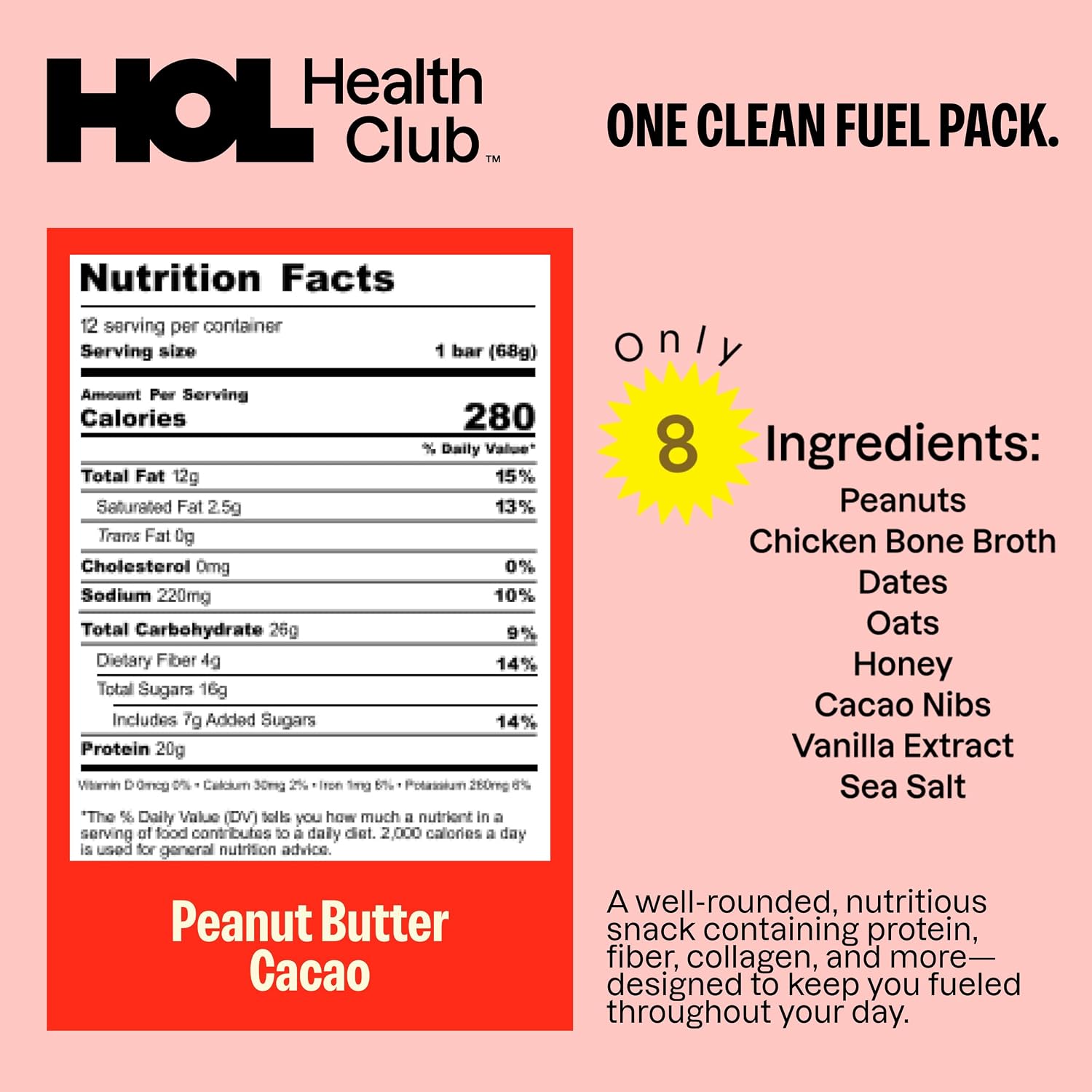 HOL Bone Broth Protein Bars - Peanut Butter Cacao - 20g Whole-Food Protein - Natural Energy Snack Made with Real Ingredients - Gluten-Free, No Artificial Additives - Great On-the-Go Fuel - 12 Pack