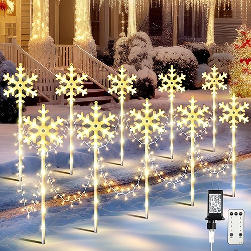 Enhon 10 luces navideñas de copos de nieve para patio al aire libre, 370 LED brillantes, impermeables, grandes luces de copo de nieve de Navidad,