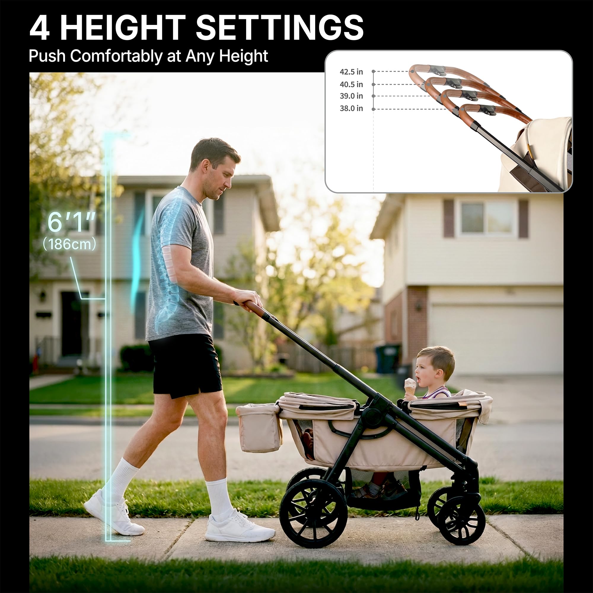 Tandem Wagon Kinderwagen für 2 Kinder, All-Terrain mit abnehmbarem UV-Schutzdach, verstellbarem Schiebe-/Ziehgriff, Snack-Tablett und Getränkehalter, perfekt für Baby und Kleinkind (Khaki)