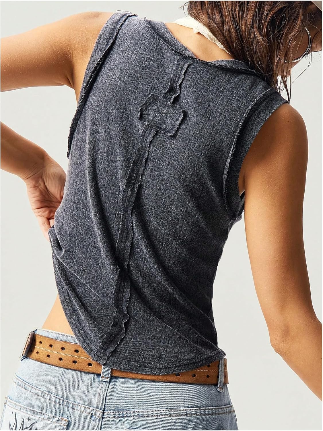 Women's Button Front Tank Top Retro Patched Sleeveless Tops Vest Summer Clothes - Image 3