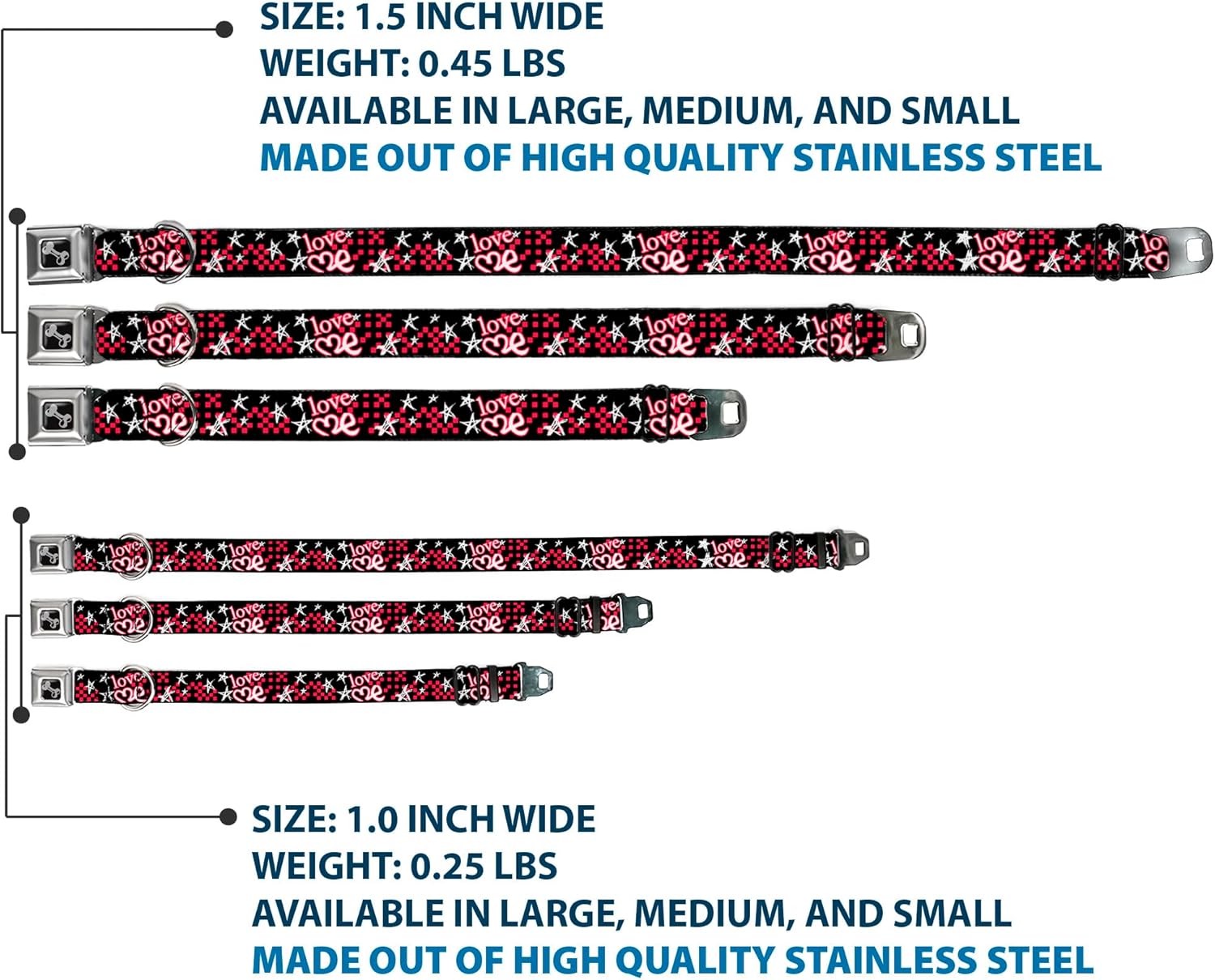 Buckle-Down Dog Collar Seatbelt Buckle Love Me Sketch Stars Checkers Black Fuchsia White 15 to 26 Inches 1.0 Inch Wide, Multicolor (DC-W31240-L), Large