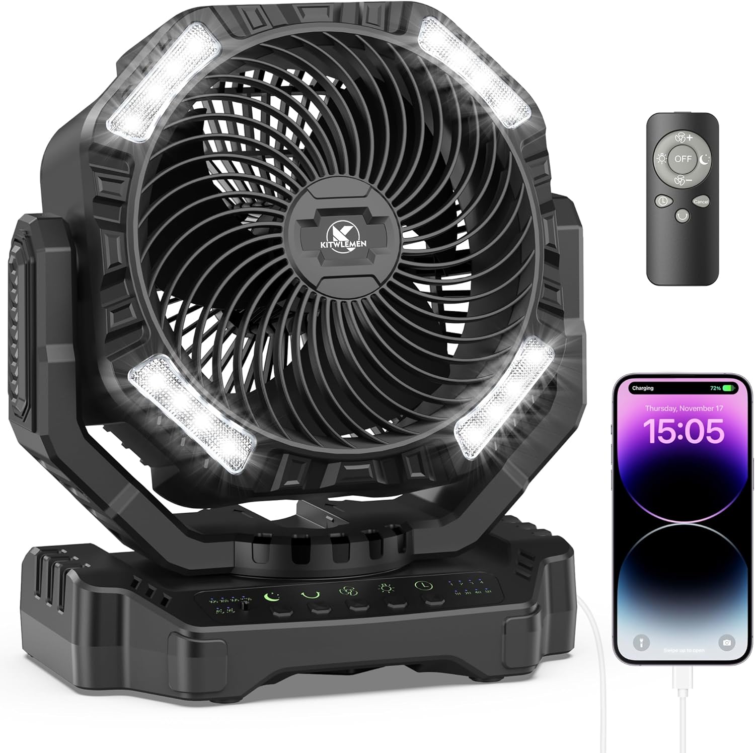 KITWLEMEN D13 Camping Fan with remote and phone charging