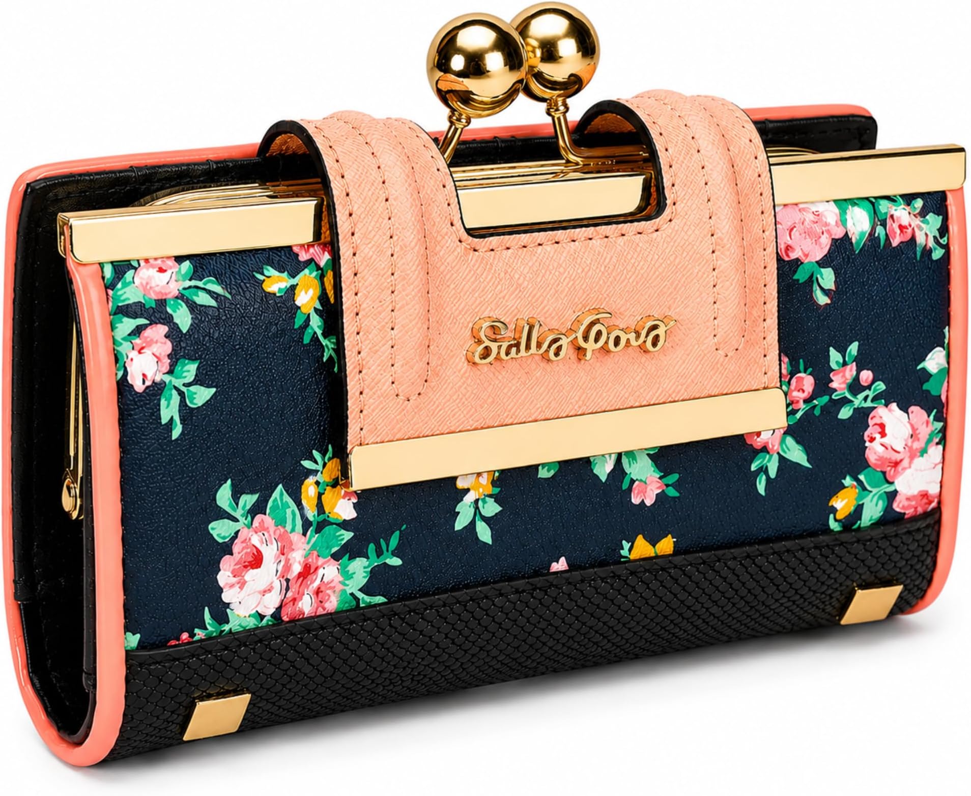 Vintage Floral Print Wallet for Women, PU Leather Large Capacity Long Wallet with 10 Card Slots, Kiss-Lock Coin Purse, Bill Compartments, Gift Box