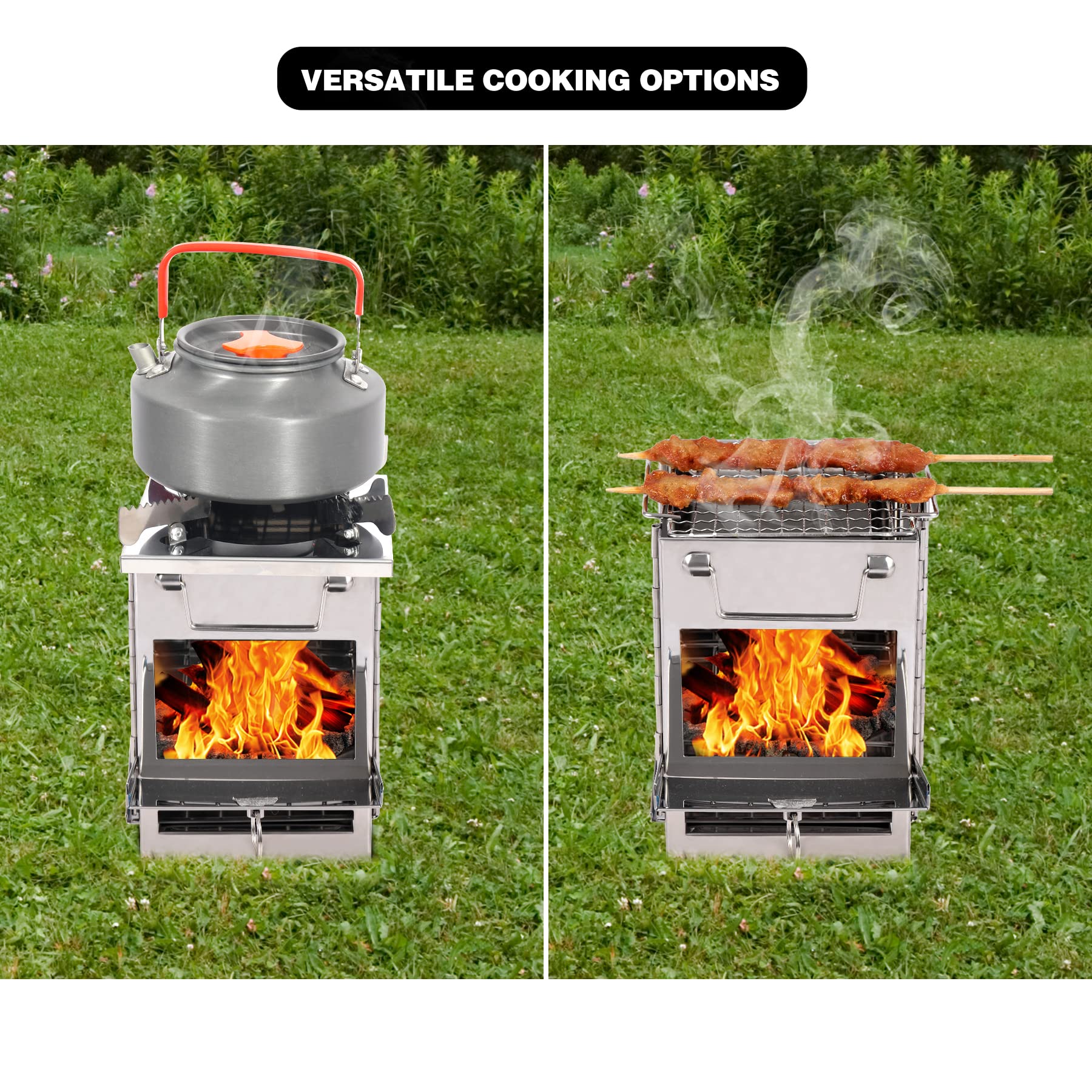 REDCAMP Réchaud de camping à bois avec support de casserole, réchaud pliable en acier inoxydable pour randonnée, pique-nique, barbecue, cuisine en plein air