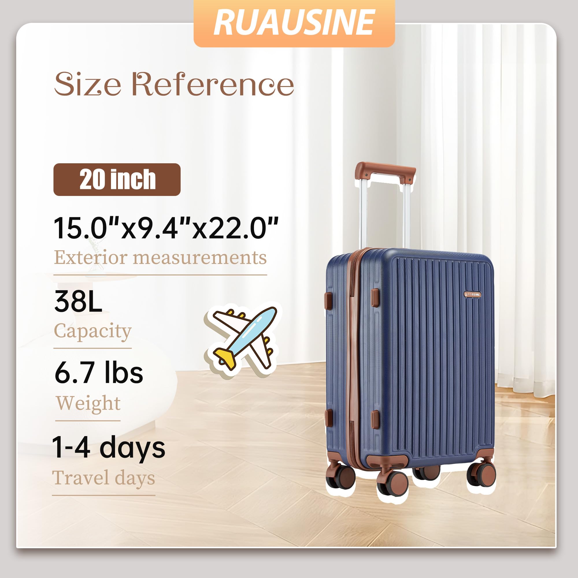 Ruausine Bagaglio a mano approvato dalle compagnie aeree, valigia rigida con ruote girevoli, piccolo bagaglio a mano leggero con guscio rigido e lucchetto Combinazione (Blue, 20 IN)