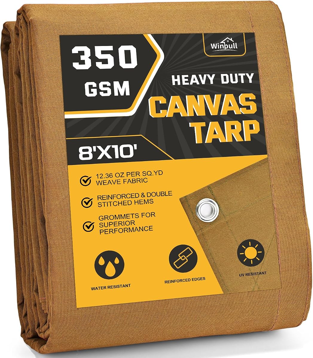 Heavy Duty Canvas Tarp 8x10 ft, 12oz (350 GSM) Polyester Canvas Water-Resistant Tarp with Rustproof Grommets, Tear-Resistant Outdoor Cover for Wood Piles, Camping, Trailer & Equipment