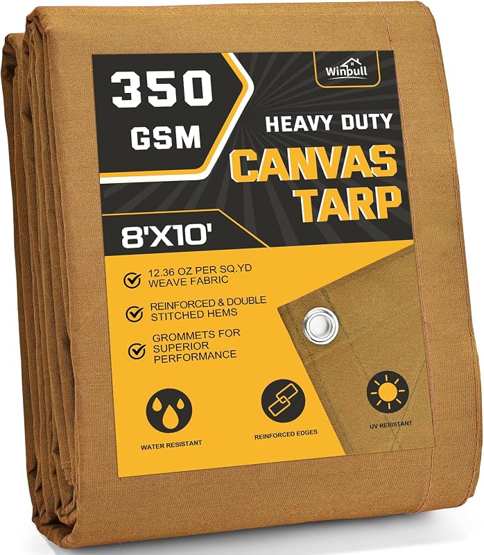 Heavy Duty Canvas Tarp 8x10 ft, 12oz (350 GSM) Polyester Canvas Water-Resistant Tarp with Rustproof Grommets, Tear-Resistant Outdoor Cover for Wood Piles, Camping, Trailer & Equipment