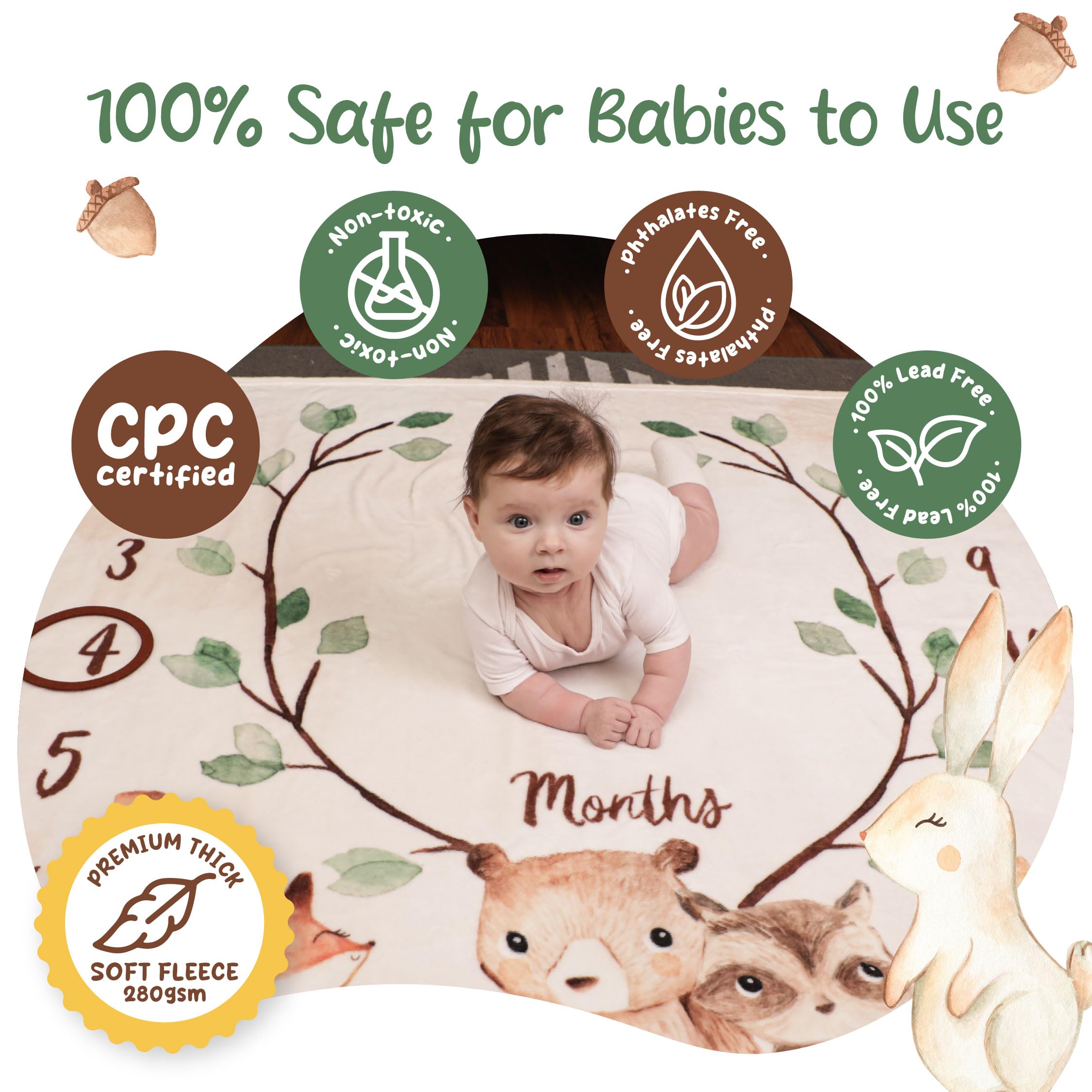 KooKooBaby Manta mensual de hitos para bebé, 47 x 47 pulgadas, manta mensual de forro polar para bebé con marcador de fieltro, manta de crecimiento de edad para bebé niño o niña, animales de guardería