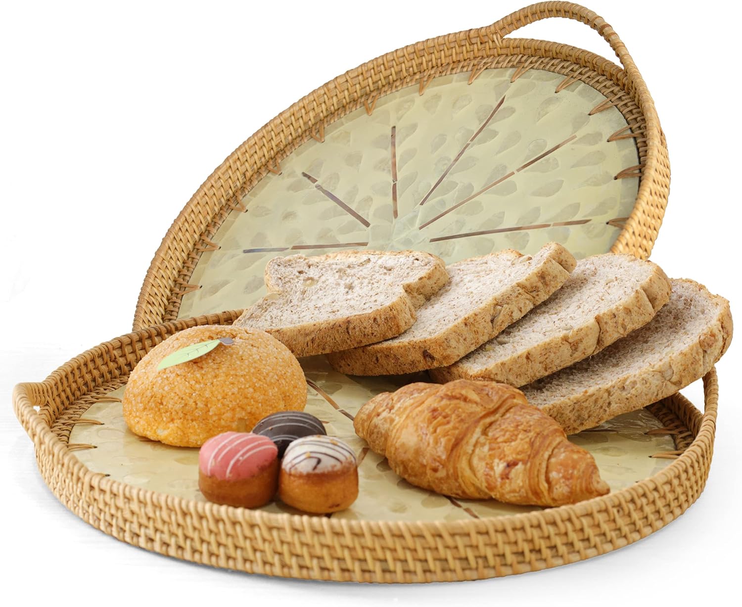TKKDECOR Set 2 Round Rattan Tray Set for Organizing Bread Handle