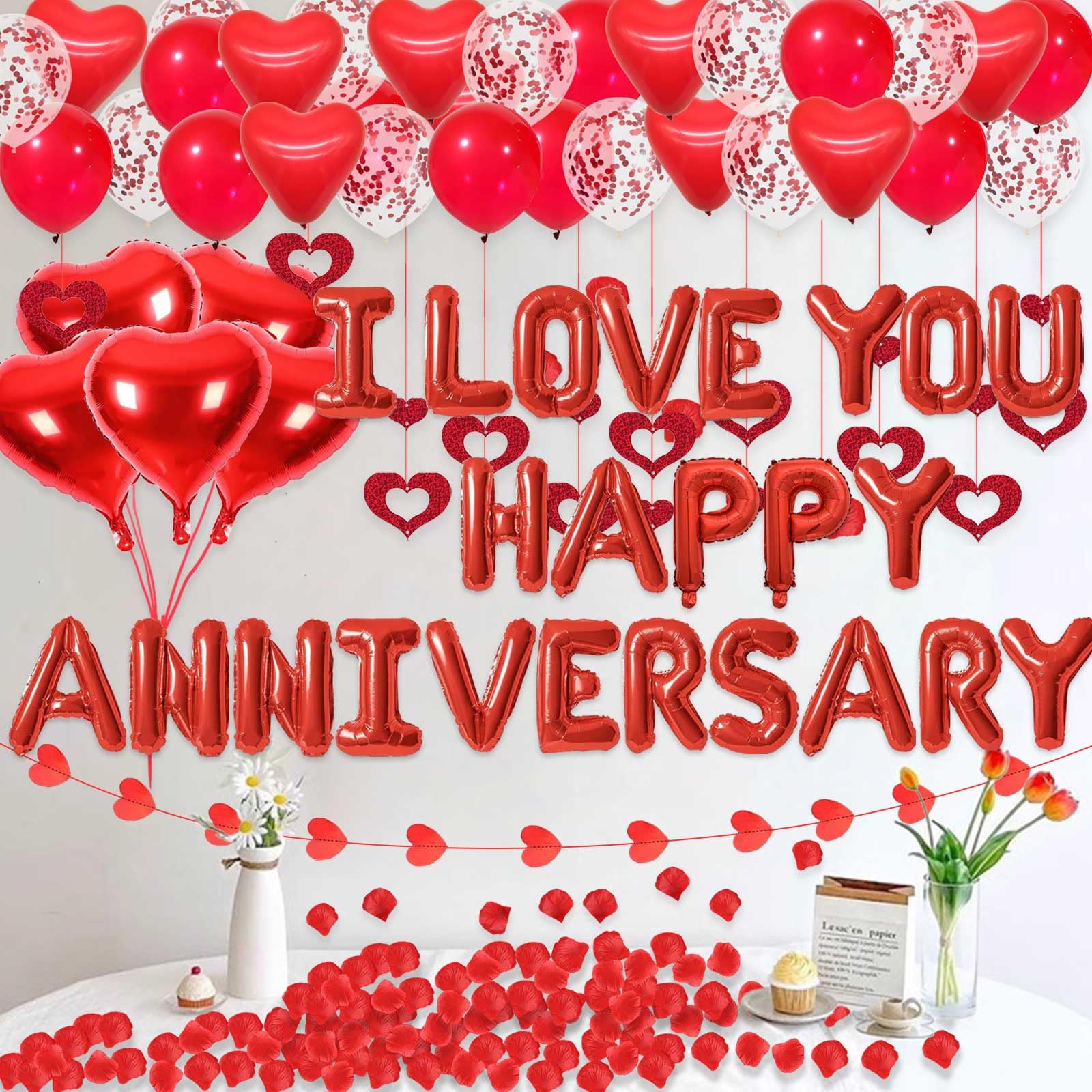 Red Happy Anniversary Decorations I LOVE YOU Letter Balloons - 1200pcs Red Artificial Rose Petals 16" Letter Balloons 18" Heart Foil Balloons Latex balloons heart balloons Hanging Swirls Heart Banner