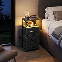 Vista 4 de WLIVE Nightstand with Charging Station, 31.9" H Nightstand with 3 Fabric Drawers, LED Bedside Table with USB Ports and Outlets, End Table for Dorm