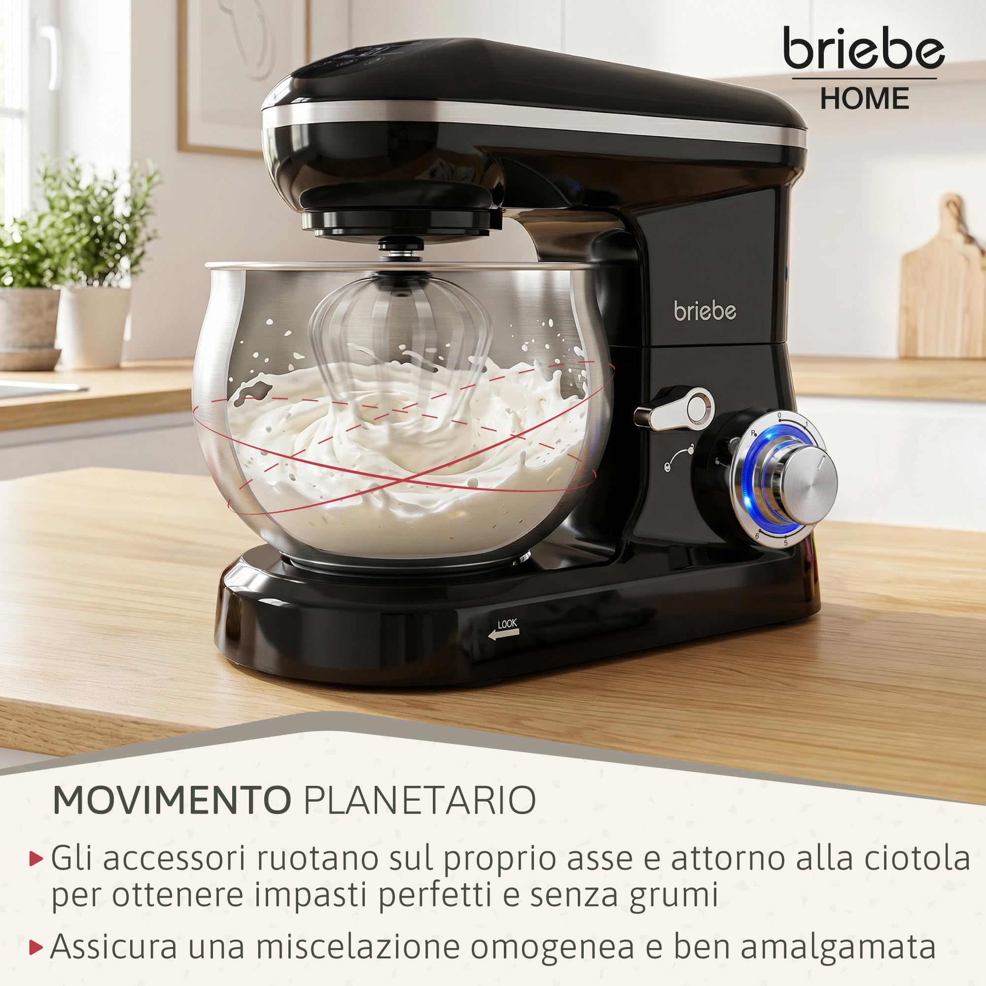 briebe Impastatrice Planetaria Professionale per Pasticceria 1800W MAX Robot da Cucina Orbitale, Frusta, Ciotola 5 L, 6 Velocità + Funzione Pulse, Schermo Touch LED, KM1164