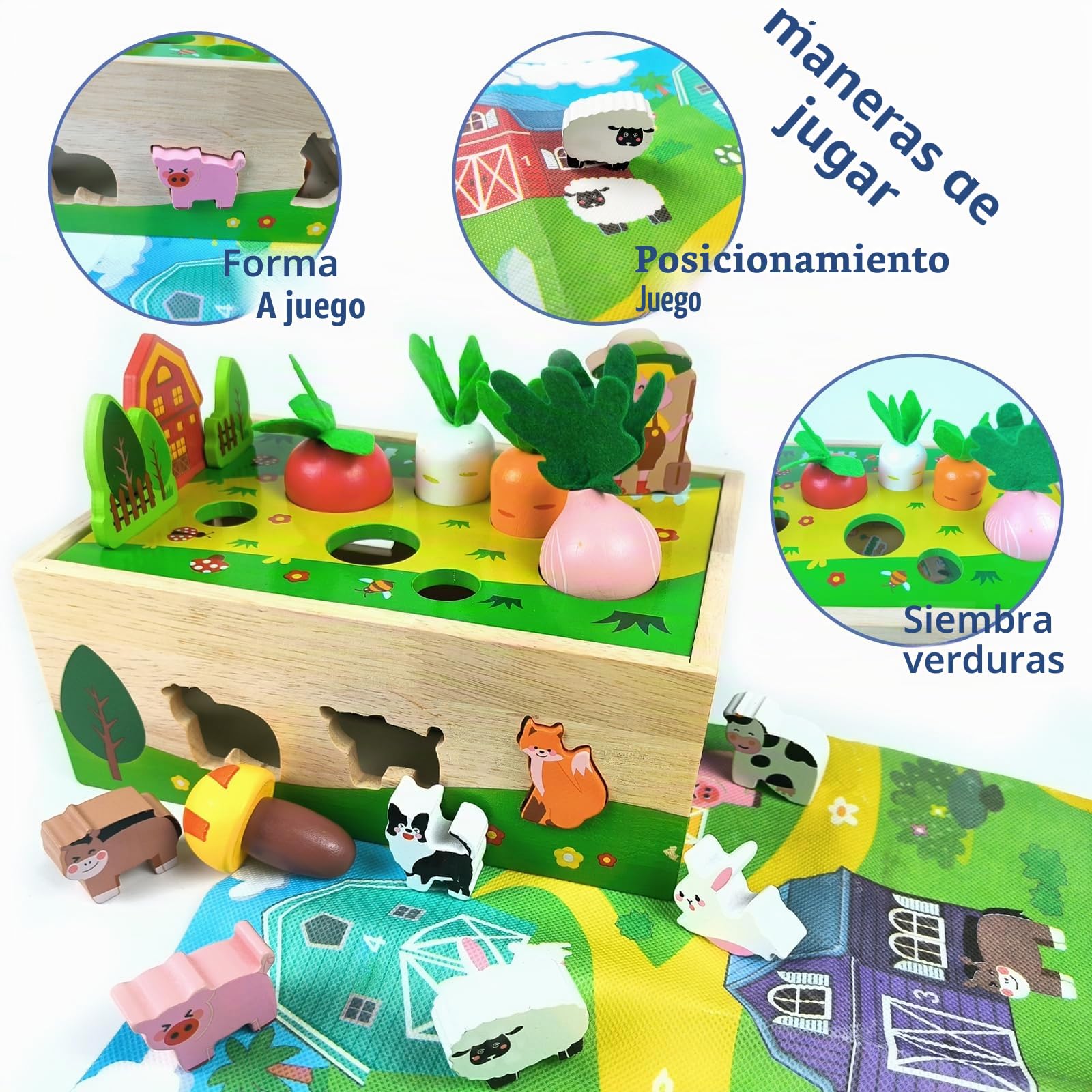 Montessori Juguete de madera para niños de 1, 2 y 3 años, juego de granja con animales y verduras, regalo para niñas y niños