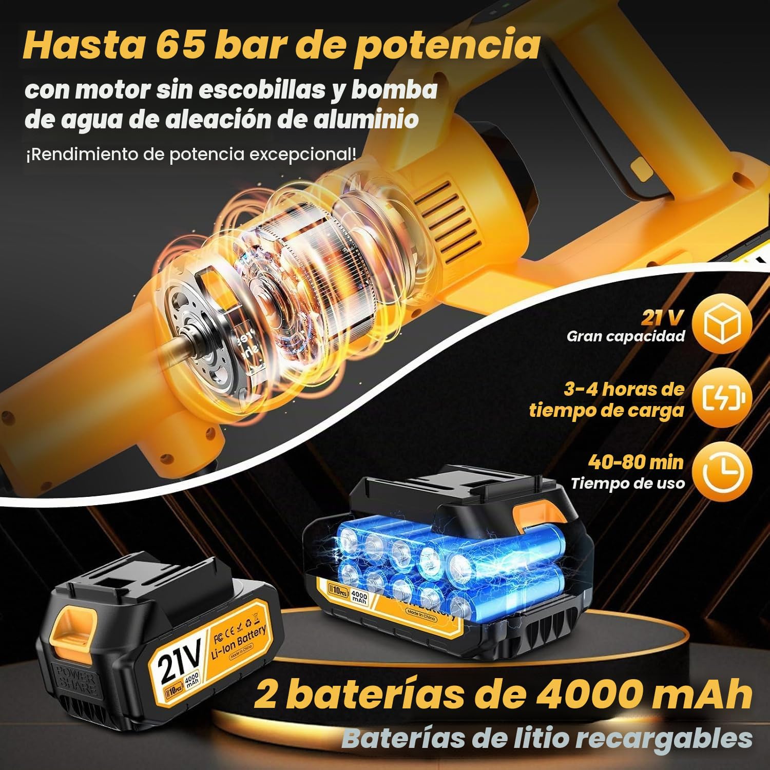 Hidrolimpiadora de Alta Presión 85 Bar, 680 L/H, 5 Boquillas, 5m Manguera | Motor Sin Escobillas, 2 Baterías de 21V 4000Mah, Cañón de Espuma, 2 Modos, Bloqueo de Seguridad, para Limpiar Coches, Patios