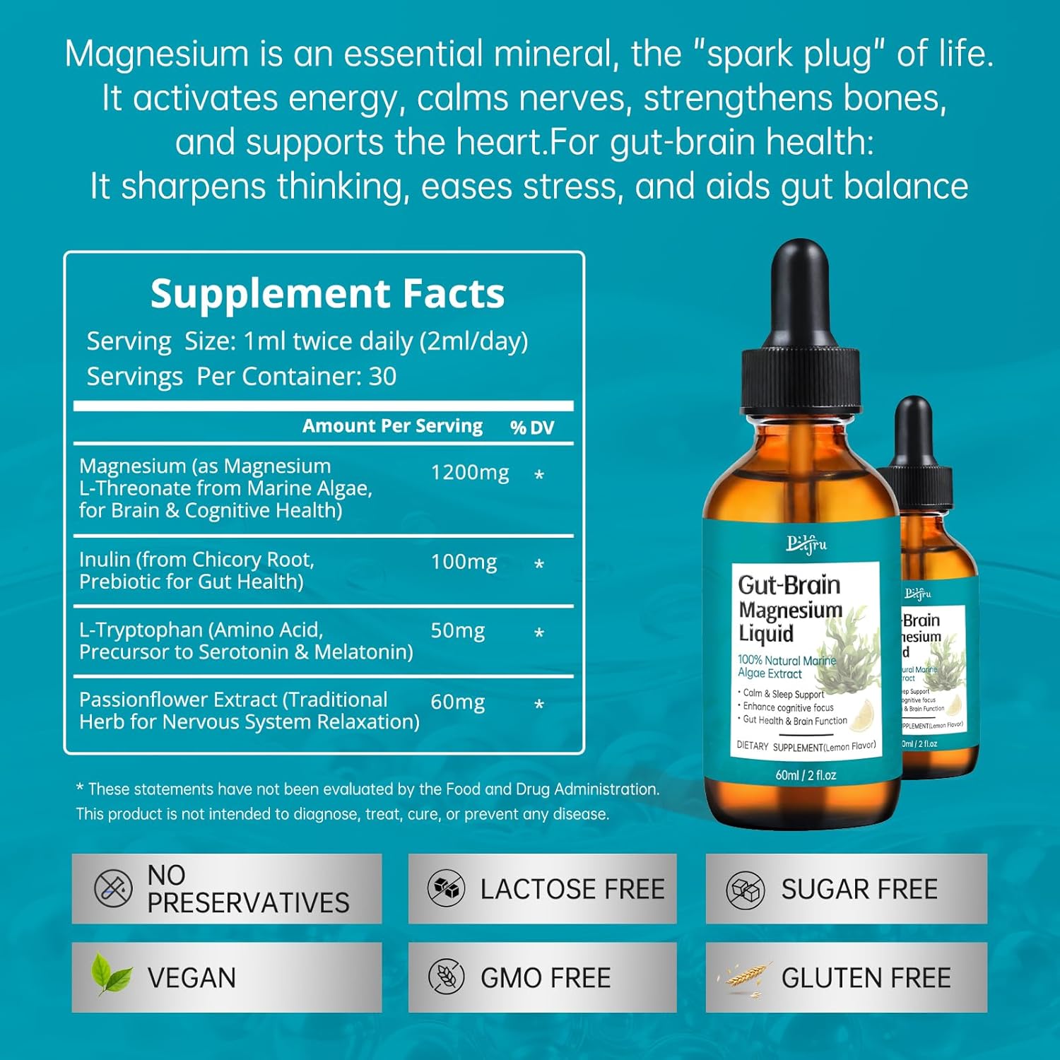 Magnesium L-Threonate Liquid Drops-Magnesium drops Supports Calm Sleep,Cognitive Focus & Gut-Brain Health-Adult-Friendly Magnesium Threonate 1200mg 100% Natural Extract,Vegan Non-GMO 60ml Lemon Flavor - Image 7