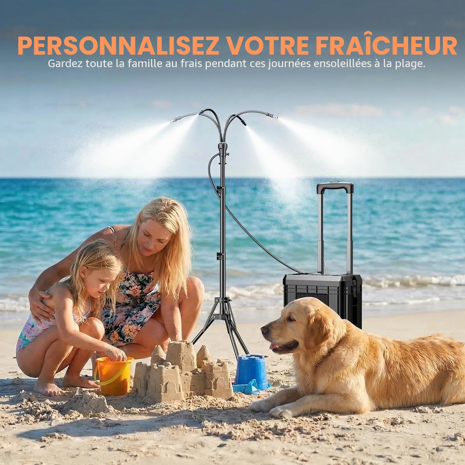 Système de brumisation portable avec seau roulant de 15 L, brumisateur debout alimenté par batterie 10 000 mAh pour terrasse extérieure, réglable en hauteur, ensemble de refroidissement mobile pour