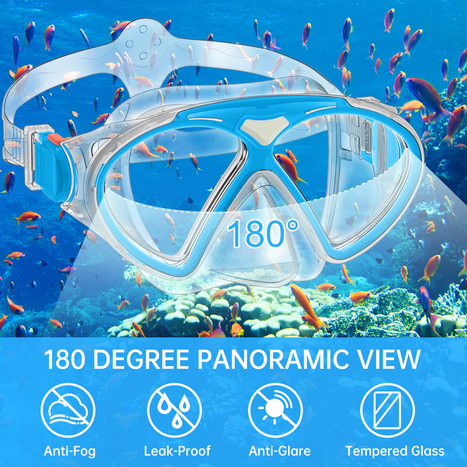JEMULICE Maschera Subacquea Bambini, Set da Snorkeling per Bambini con Tubi a Secco e Occhiali da Snorkeling Anti-Fog Panoramica a 180 Gradi, Snorkel Set, Maschera Snorkeling per Bambino e Adolescenti