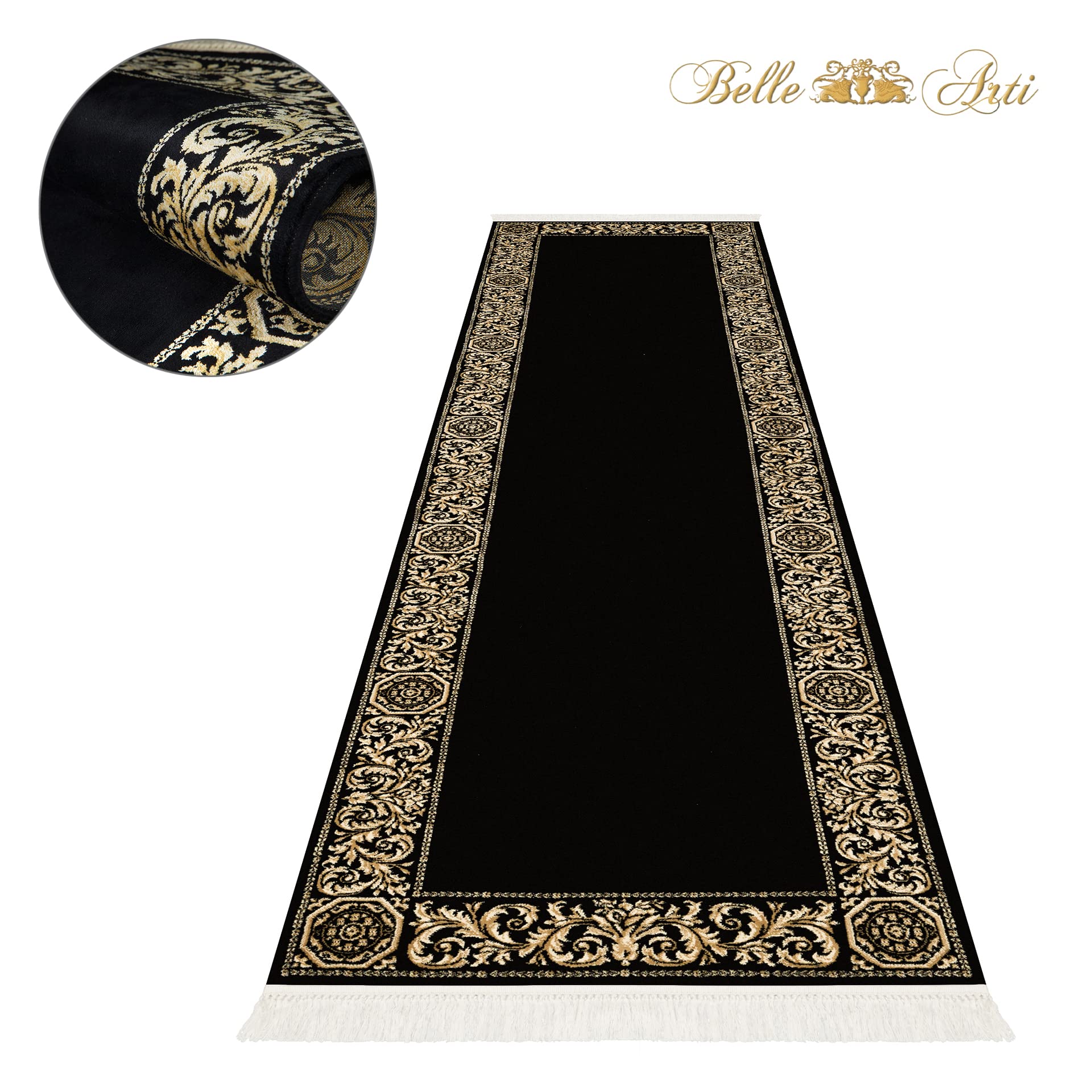 Luxus Teppich Barock Wohnzimmer Schlafzimmer Wonzimmerteppich Läufer Teppichläufer in schwarz, beige, rot gold, kurzflor, rechteckig, rund, oval 100% Viskose (schwarz, 80 x 200 cm, Rechteckig)