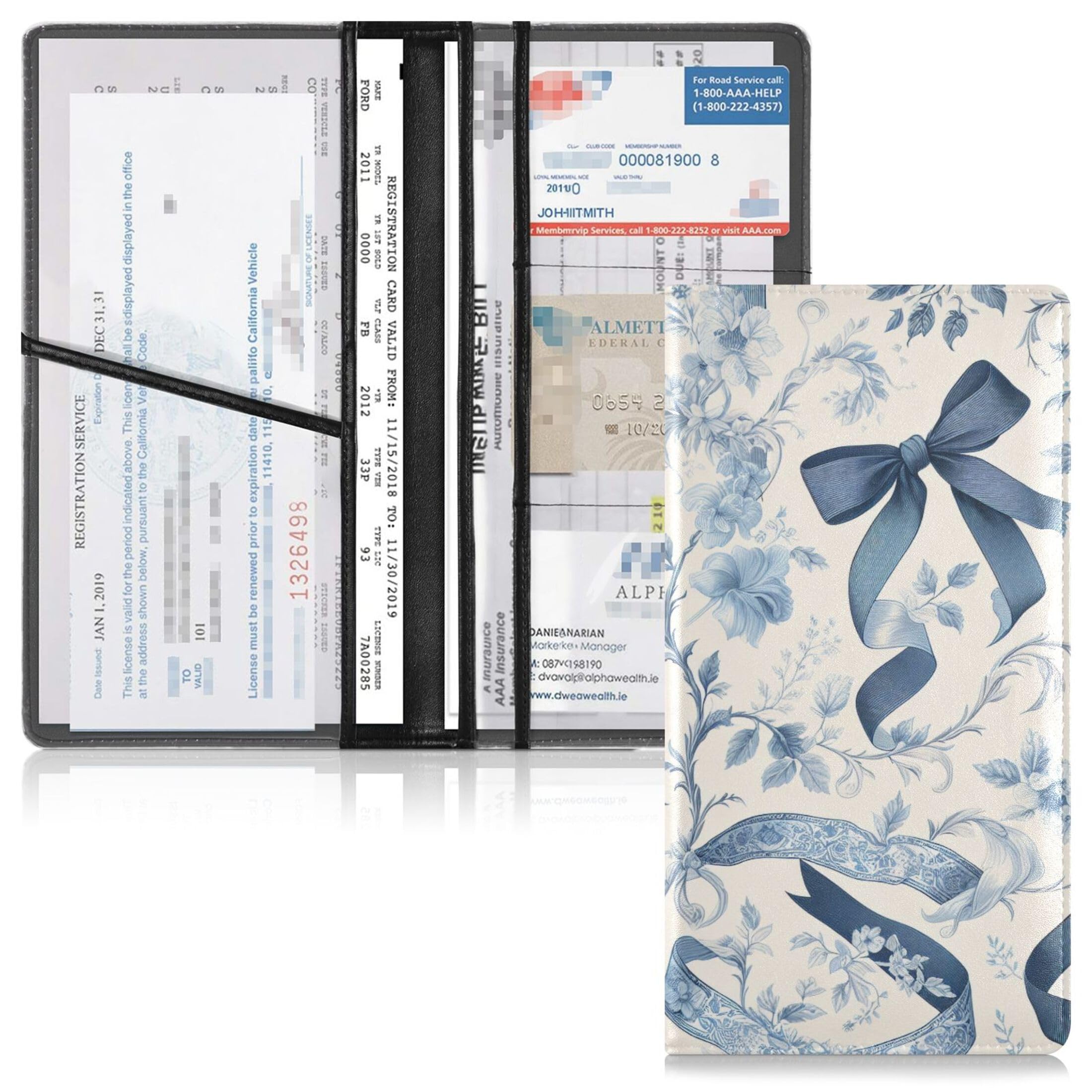 Burbuja Car Registration and Insurance Holder, Blue Bow Flowers Leather Vehicle Glove Box Organizer Document Wallet Accessories Case