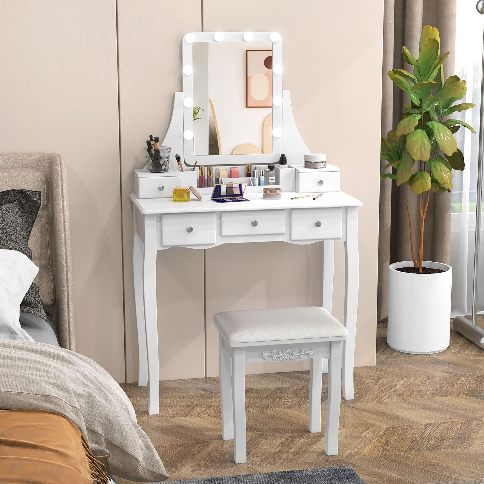 COSTWAY Make-uptafel met kruk, 360° draaibare spiegel en 10 dimbare ledlampen, kaptafel van tafel en afneembaar bovendeel, make-uptafel met 4 laden, 75 x 40 x 146 cm (wit
