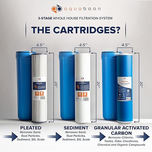 Miniatura 3 de Aquaboon Sistema de filtro de agua para toda la casa de 3 etapas para agua de pozo con cartuchos de filtros de agua de 20 x 4.5, llave, soporte,