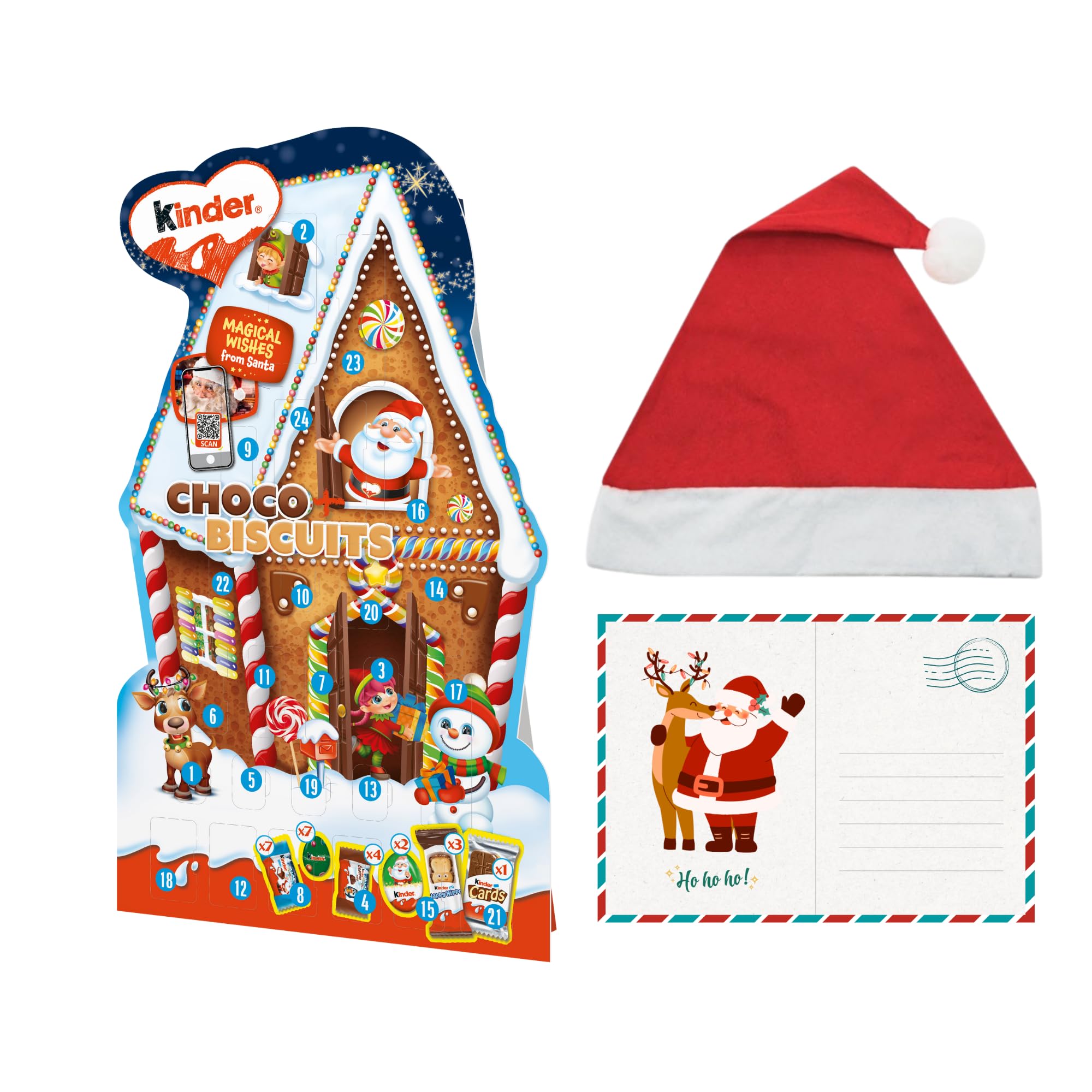 Pack Kinder Biscuits Calendario Adviento Chocolates Postal Navideña Gorro Papá Noel Edición Navidad