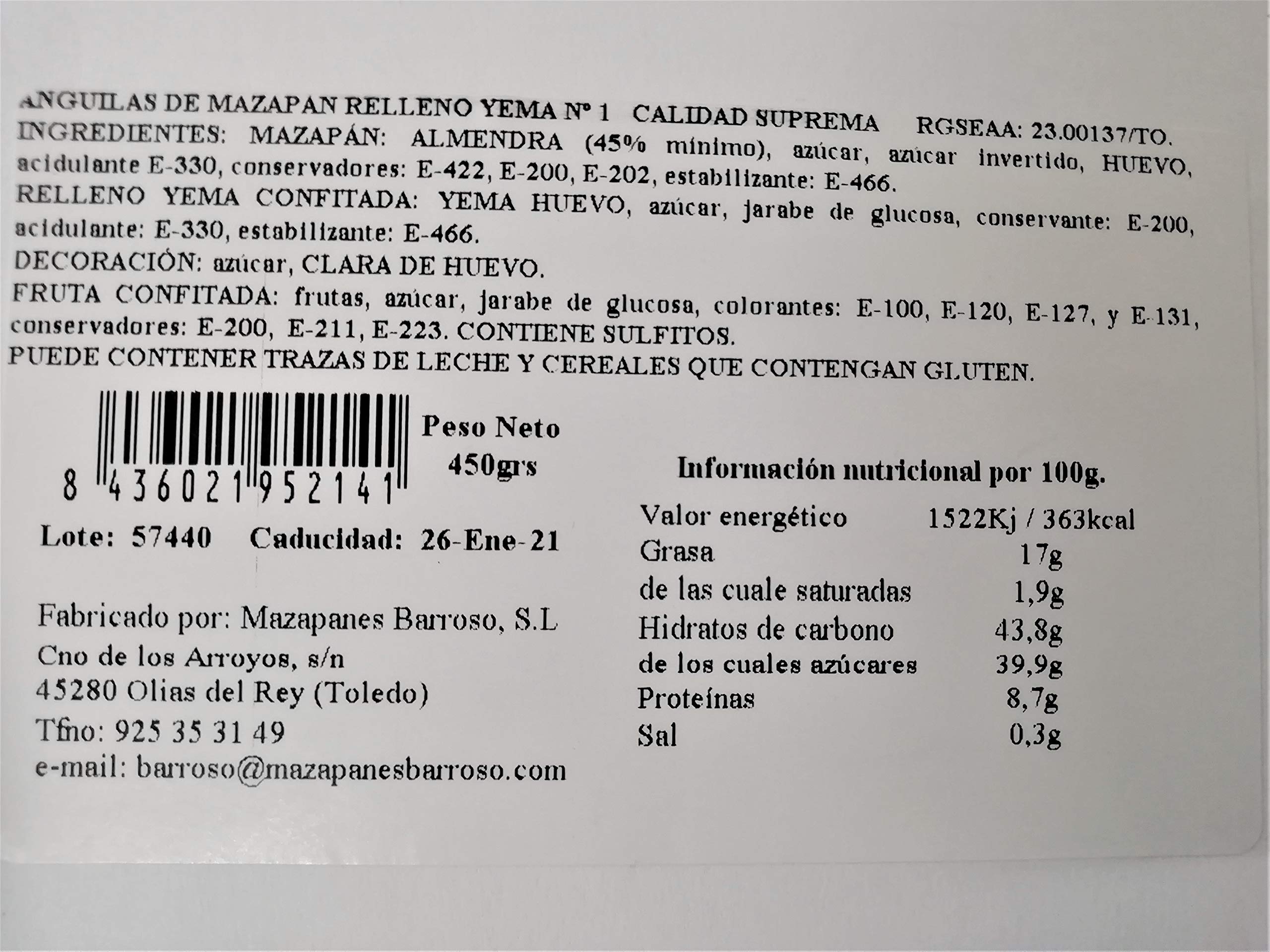Anguila de Mazapán Tradicional de Toledo rellena de Yema. Calidad Suprema. Mazapanes Barroso. Anguila de Mazapan del Nº1. Peso Neto 450 gramos.