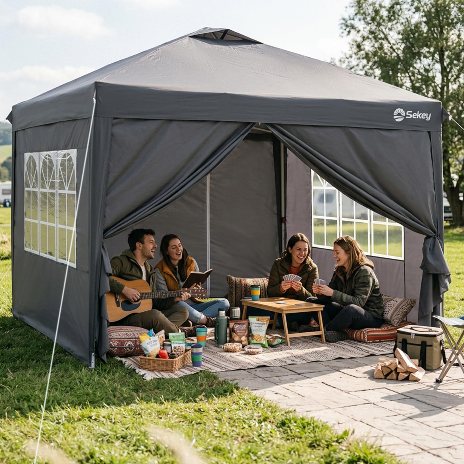 Sekey Pop Up Pavillon Wasserdicht Stabil Winterfest mit Seitenwänden, Faltpavillon 3 x 3 m, Camping Pavillion Faltbar Partyzelt mit Belüftung, Designer Serie 3x3, (Grau, 3x3 Mit Seitenwänden)