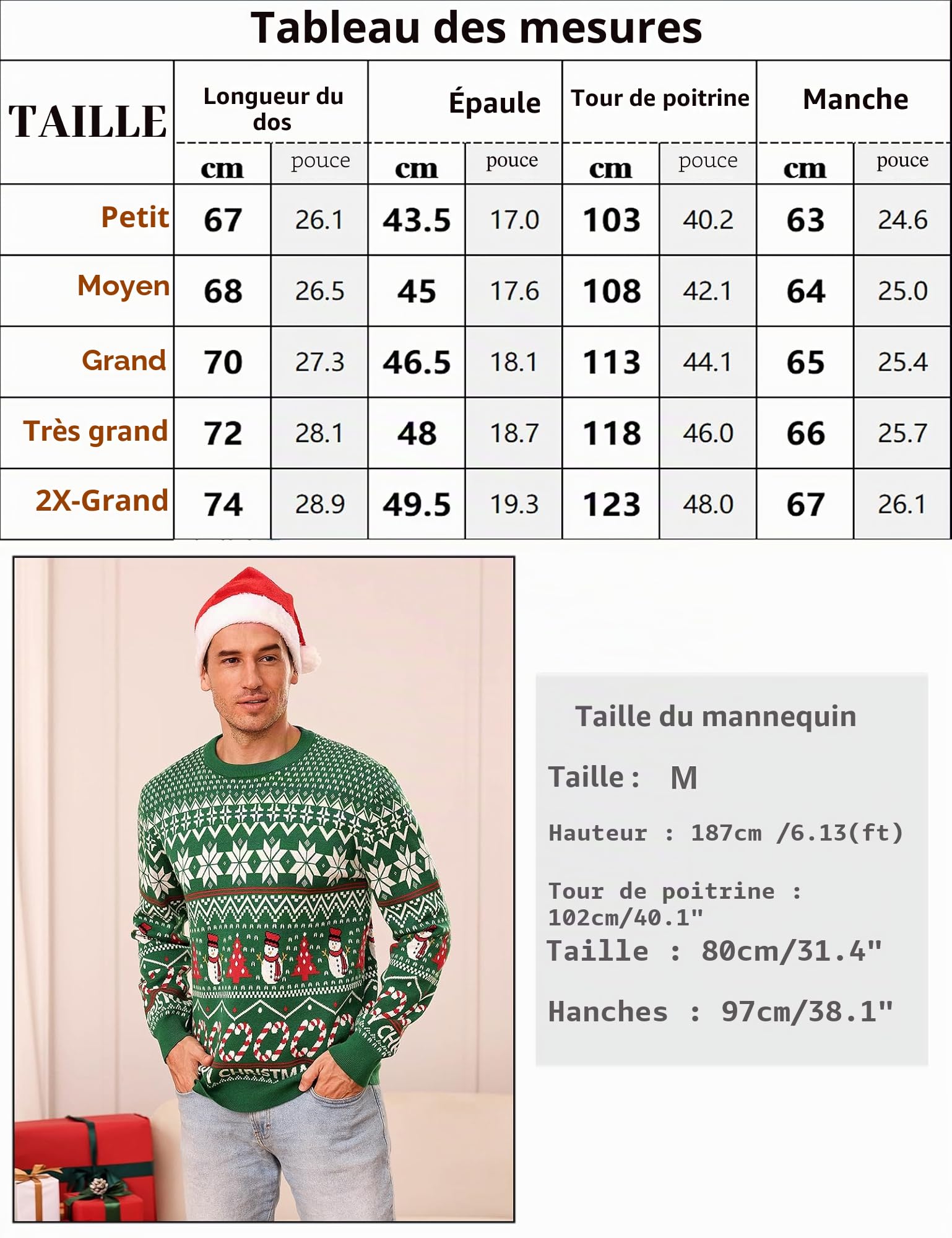 Gyabnw Pull de Noël pour Homme Sweatshirt Tricoté à Manches Longues Pull Over Chaud d'hiver pour Homme Sweater Imprimé de Noël à col Rond