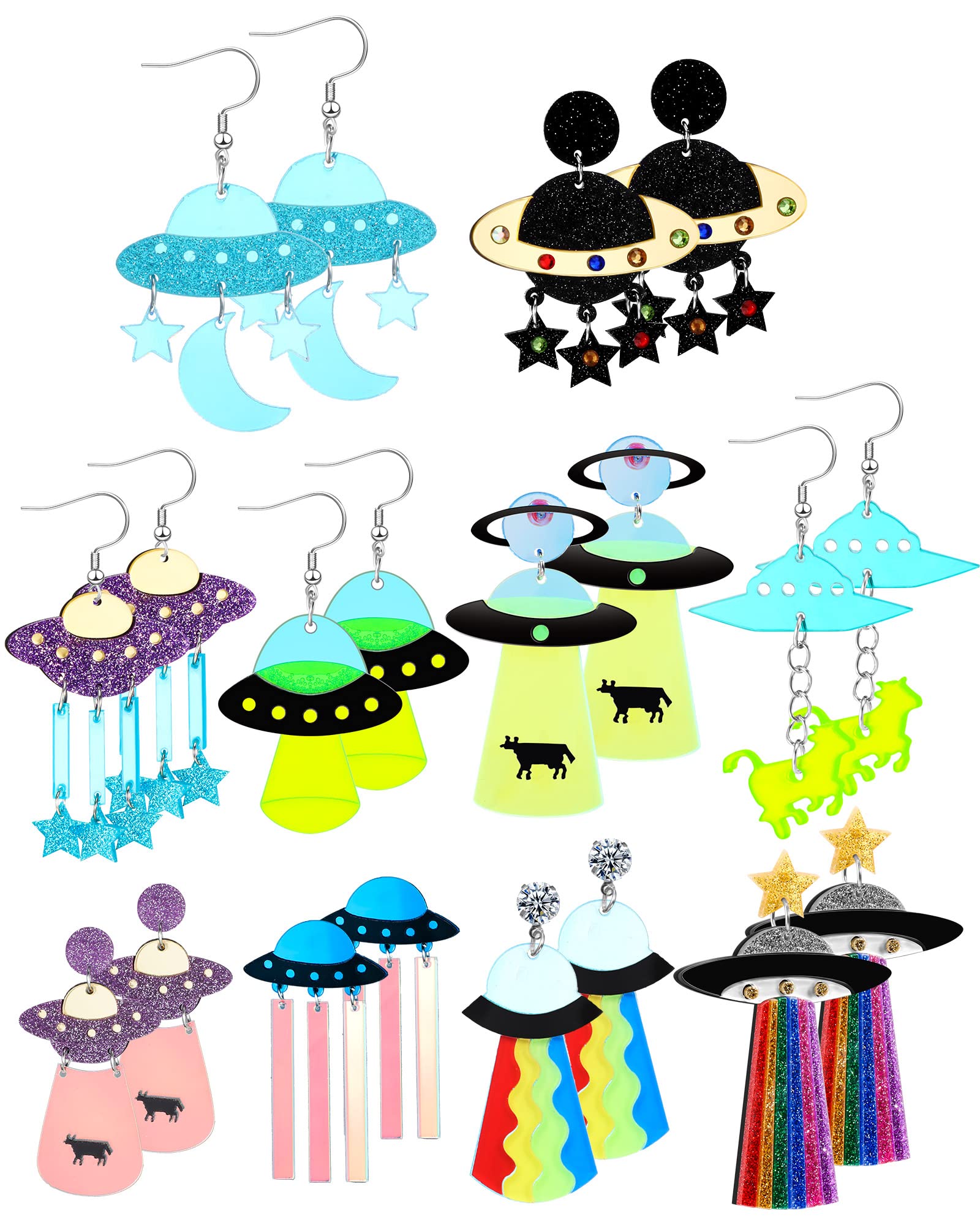 Yinkin10 Pairs Ufo Aliens Space Alien Acrylic Planet Earrings for Women Weird Novelty Crazy Cute Fun Earrings Dangle for Halloween Christmas Jewelry
