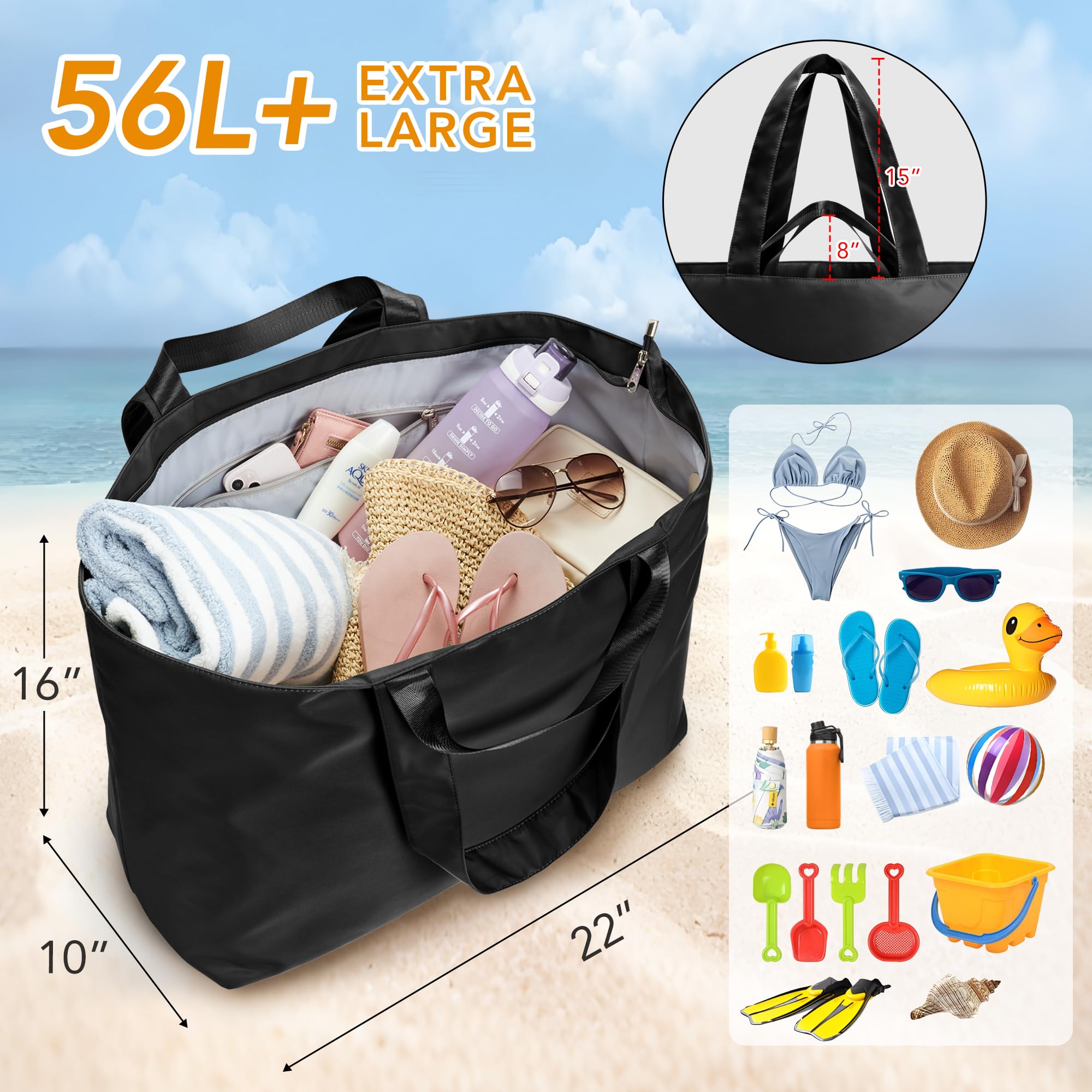 KALIDI Sac de plage extra large avec fermeture éclair 60 l | Sac de transport anti-éclaboussures pliable et léger pour les vacances, les voyages, le shopping, réutilisable