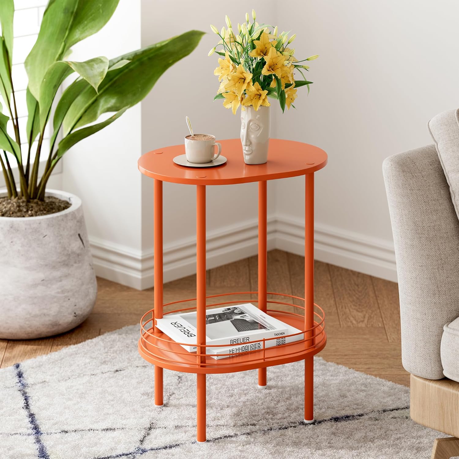 Small Modern Oval Side Table with Storage,2-Tier Side Tables Living Room,Sturdy Nightstand for Small Space - Living Room, Bedroom, Bathroom, Nursery,（1 PC,Orange）