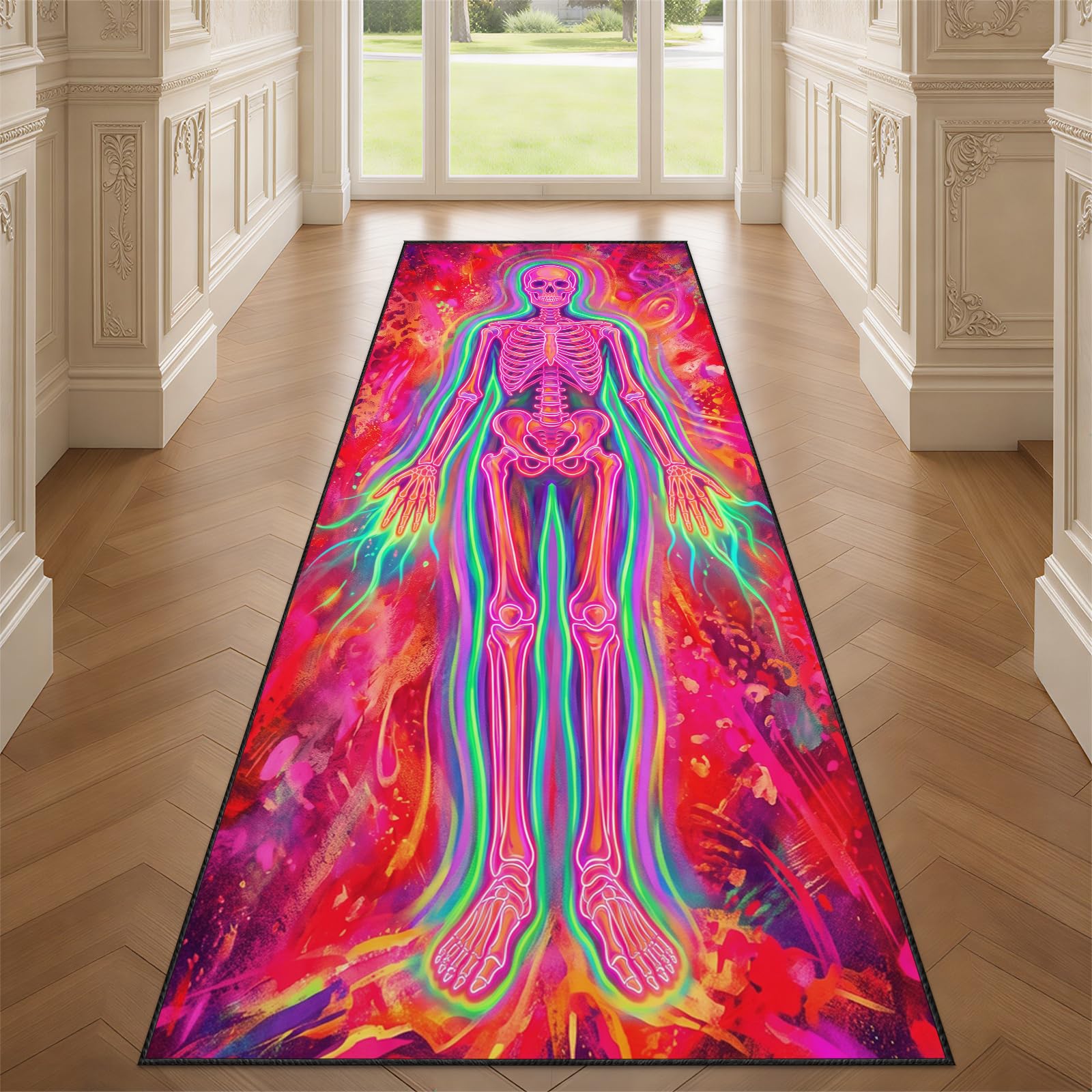 YEMYOR Skeleton Runner Rug for Hallway, Psychedelic Colorful Skull Carpet Runner 80x300cm, Gothic Graffiti Skull Long Carpet, Non-Shedding & Easy Care, for Bedroom Living Room