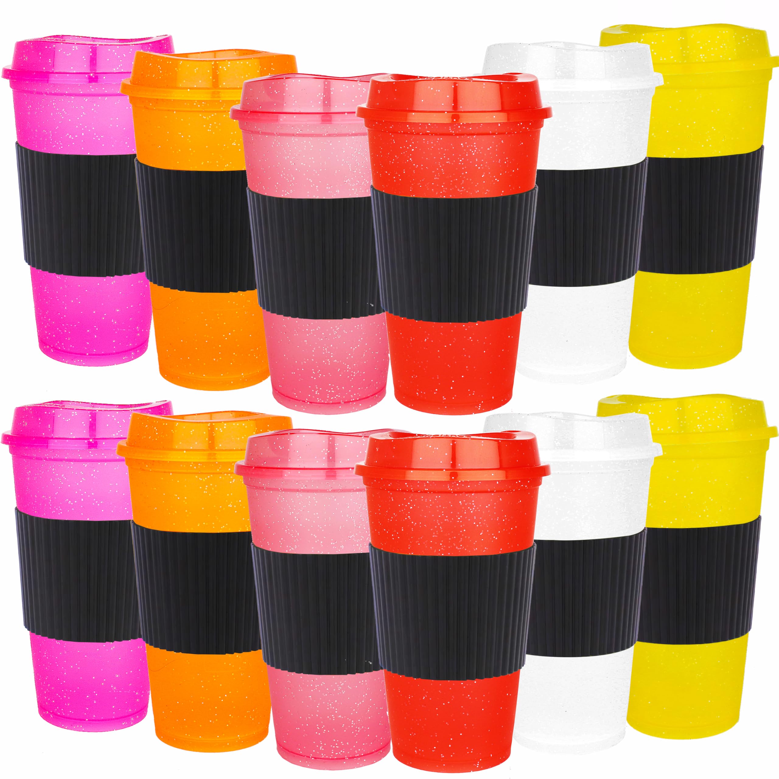 Yisituo Plastic Coffee Cups with Lids, 12 Pack 480ml Reusable Tumblers for Adults, for Hot & Cold Drinks, Microwaveable Travel Mugs (12, Glitter Rainbow)