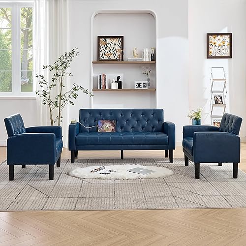 Miniatura 3 de TYBOATLE Sofá biplaza de cuero de 62 pulgadas de ancho con sillas, juegos de sofá de 3 piezas para sala de estar con 2 puertos de carga USB y 2