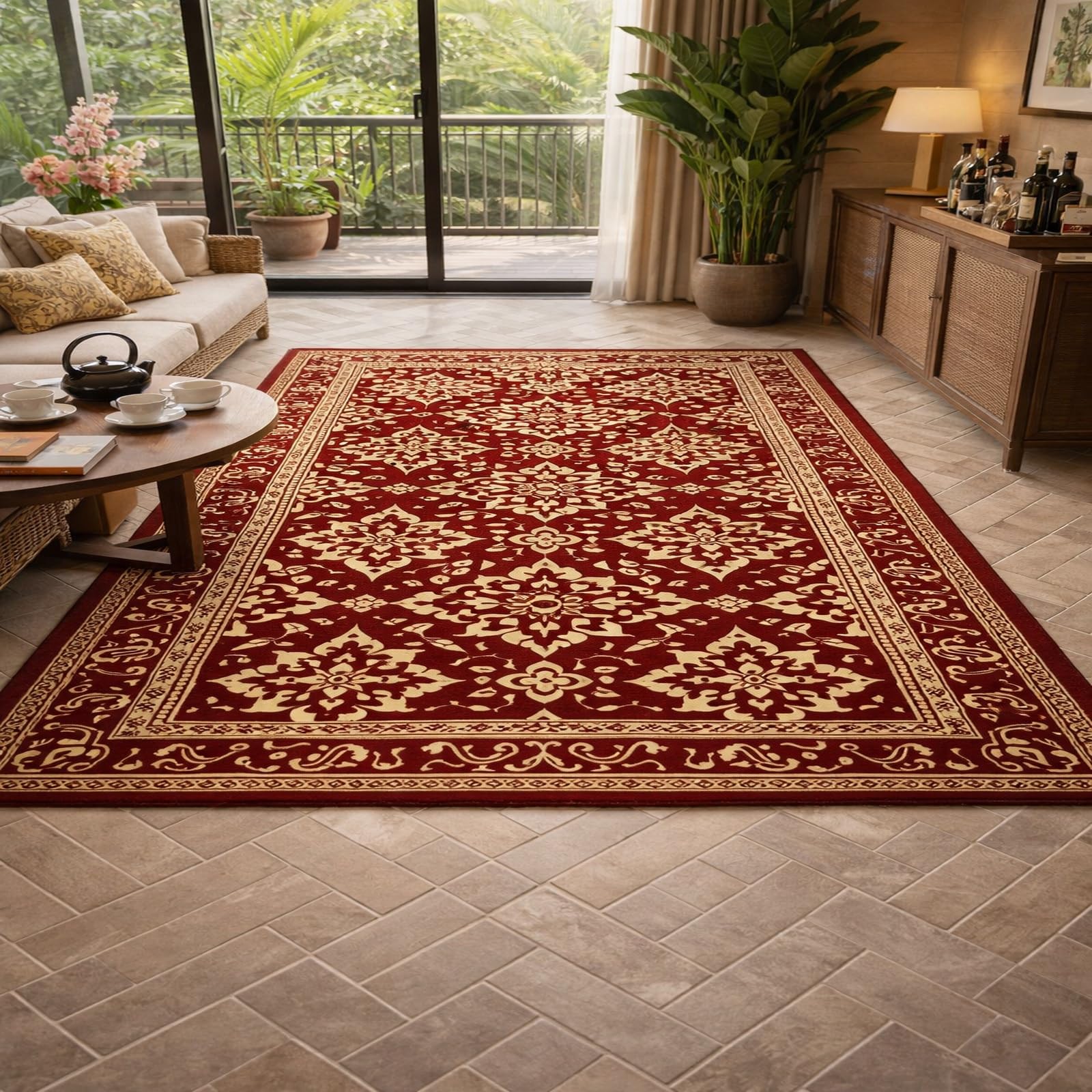 Tapis chambre poil ras rouge traditionnel 180x270 cm | Confort et entretien facile au quotidien
