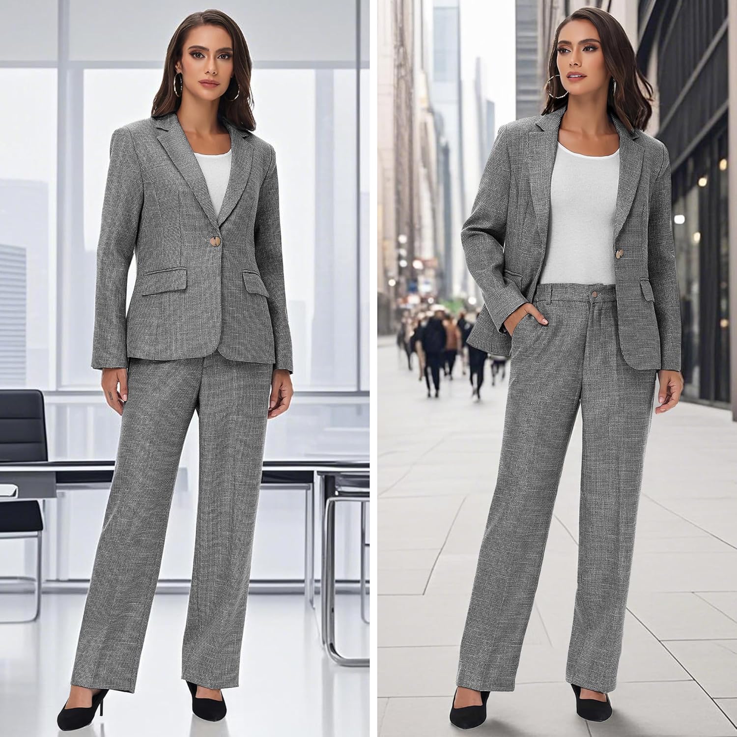 Women's Suit 2 Piece Set Business Pants Suit for Women Pinstripe Houndstooth Blazer - Image 6