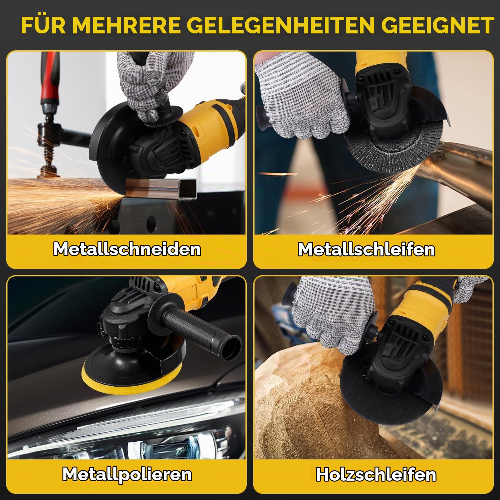 Akku Winkelschleifer - 21V Professional Winkelschleifer Set 16Pcs (Scheiben-Ø 125mm,Leistung 1500W, 0-30000 RPM,1 Schleifplatte, Zusatzhandgriff,Schraubenschlüssel,Ladegerät, 2×5000mah Akkus)