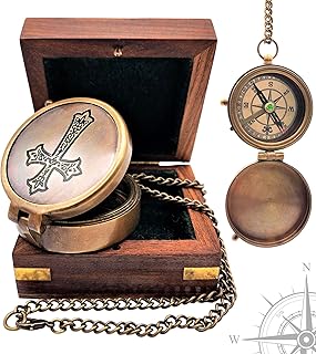 Carfar Nautical Compass Jesus Cross Engraved Solid Brass Navigational Vintage Marine Nautical Compass with Wooden Box