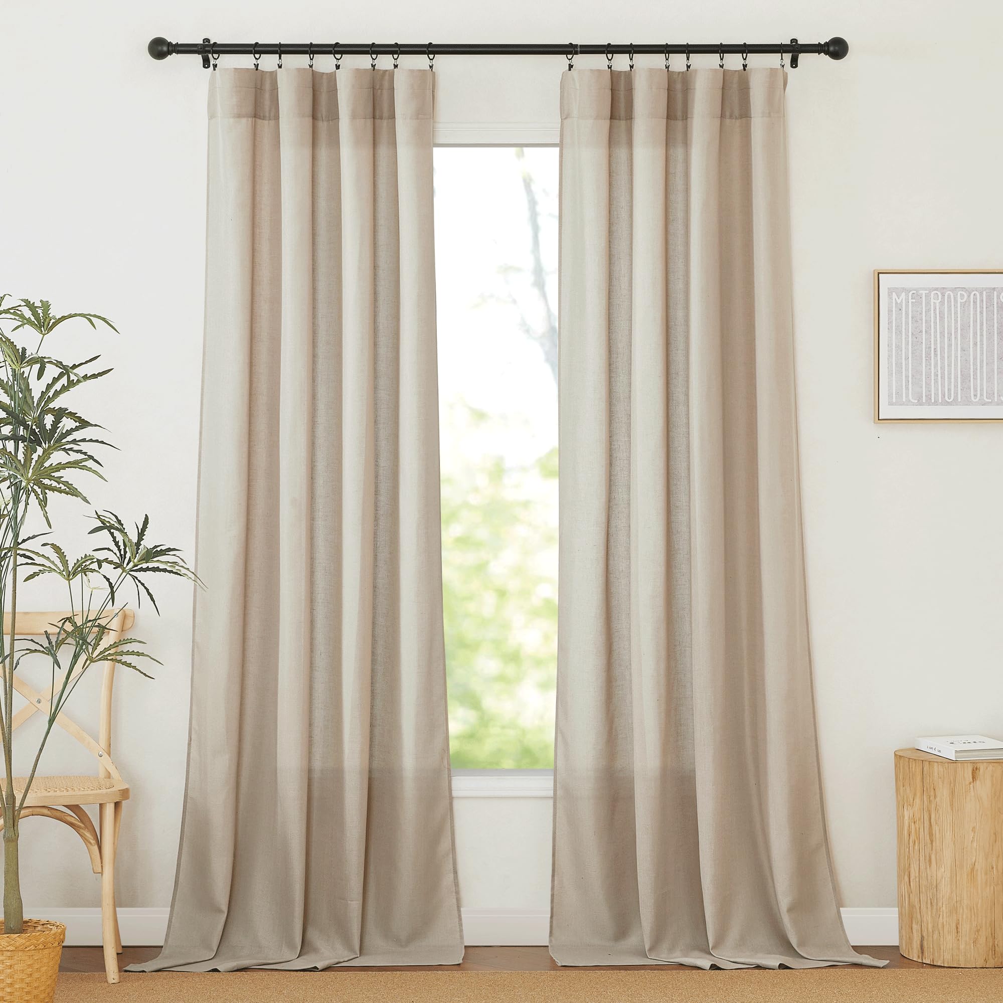 RYB Home Linen Textured Curtain for Window Nursery Drape Semi-Sheer Linen Curtain Panels Taupe Light Filtering Sheer Window Drapes for Living Room/Bedroom, W 52 x L 95 inches, Pack of 2