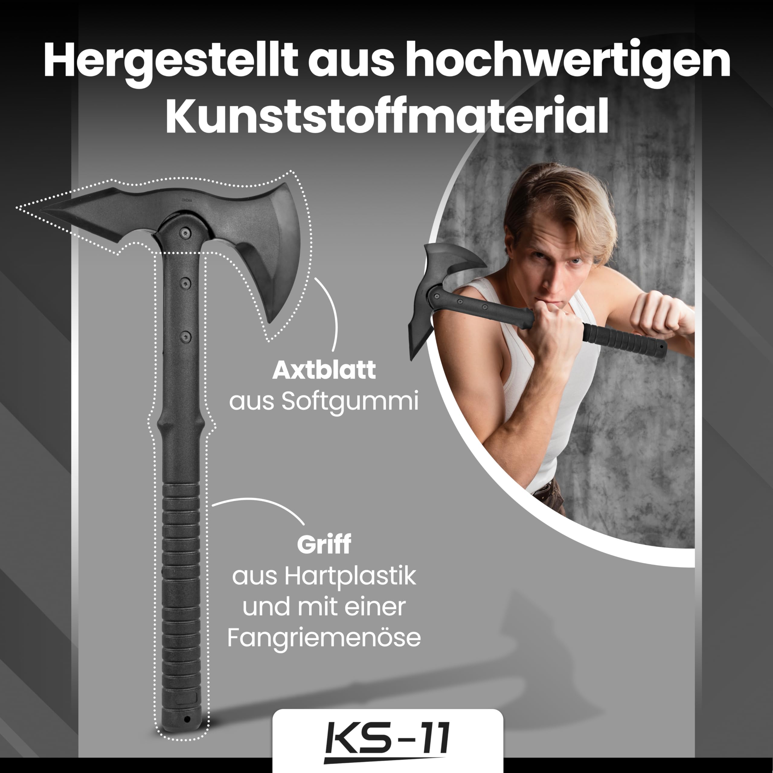 KS-11 Trainingsaxt stabile Gummiausführung - Axt aus Gummi Tomahawk - Wurfaxt Beil, schwarz